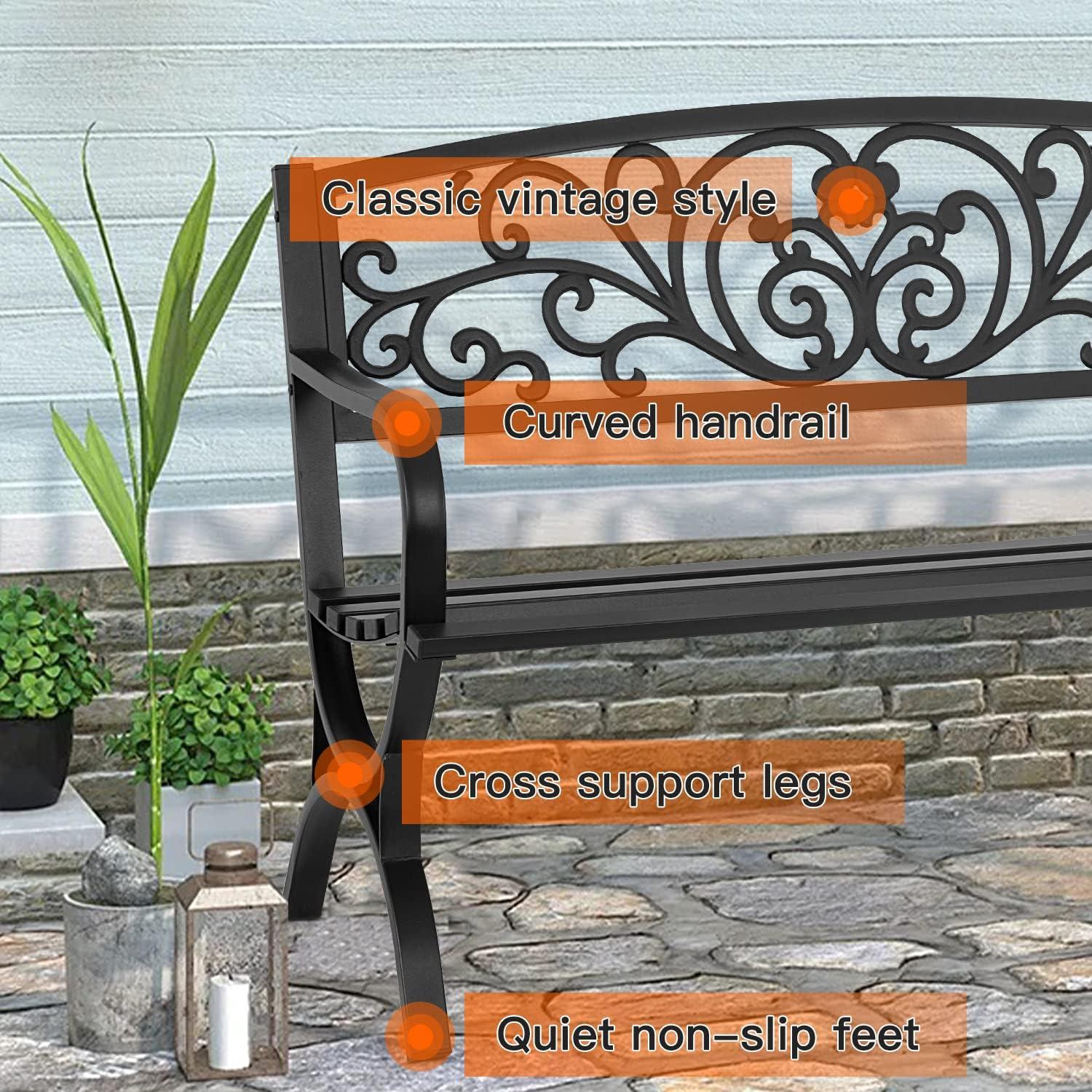 Patio Garden Bench 50 inch Outdoor Metal Loveseat Chairs with Armrests Slatted Seat and w/Floral Design Backrest for Park, Yard, Porch, Lawn, Balcony, Backyard, Black