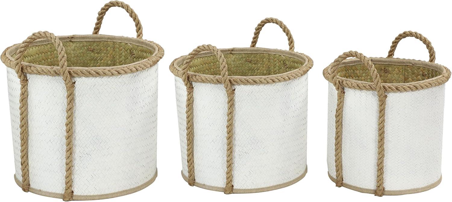 White and Beige Seagrass Round Storage Basket Set