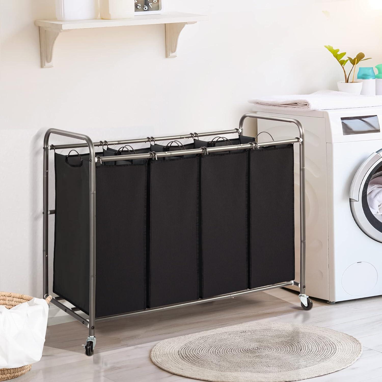 STO STO Laundry Sorter 4 Section, 4 Bag Laundry Hamper, Rolling Laundry Cart, Laundry Basket with Heavy Duty Lockable Wheels and Removable Bag for Clothes Storage, Black