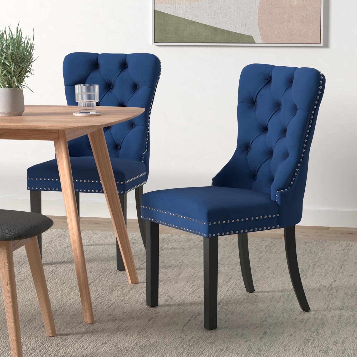 ODUSE-DAILY Velvet Dining Chairs Set of 4, Navy Kitchen & Dining Room Chairs, Tufted Dining Chairs, Fabric Upholstered, Solid Wood, Sillas De Comedor (Blue, 4 Pcs)