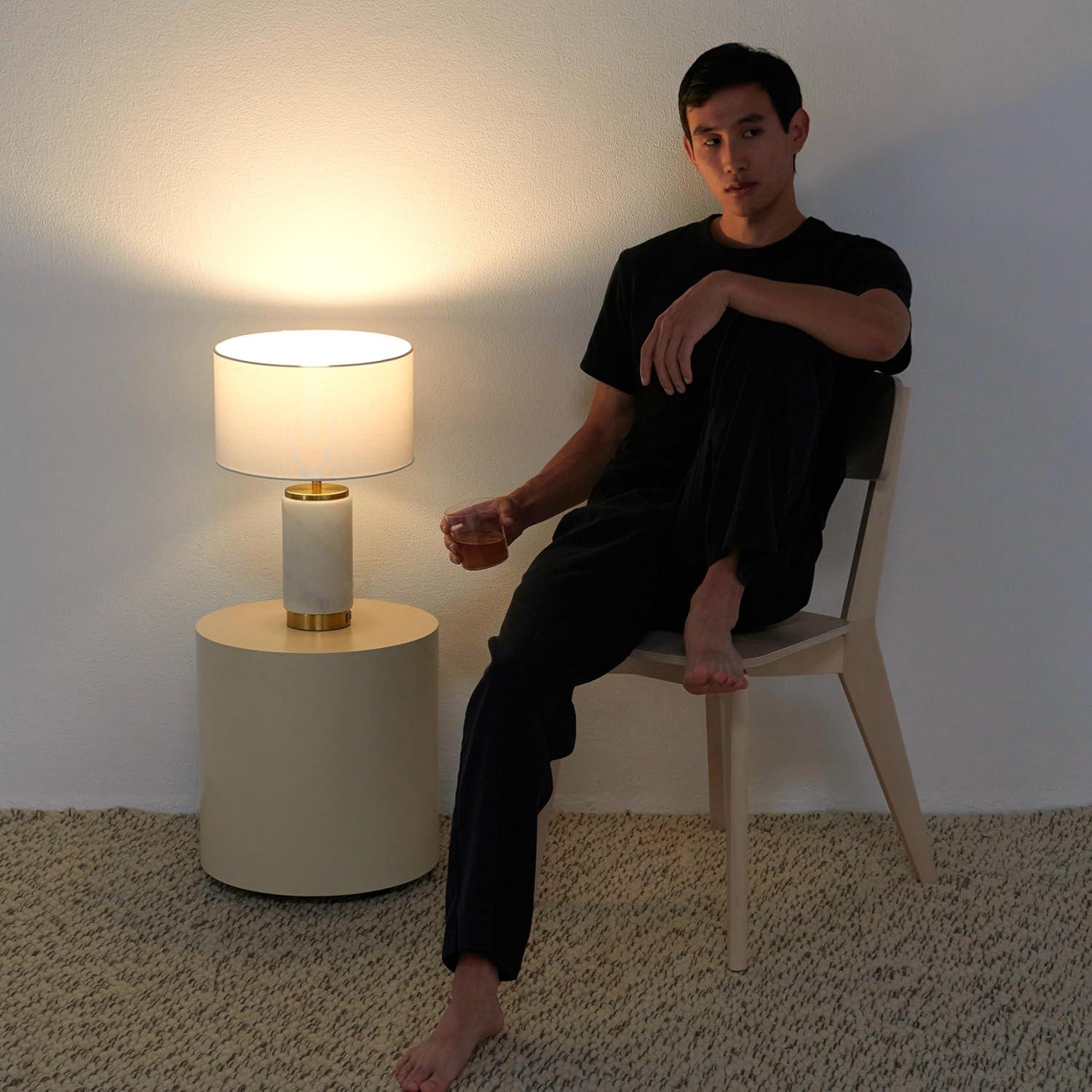 Brightech Arden 17 in. Mid-Century Modern LED Table Lamp with Fabric Drum Shade and USB Port