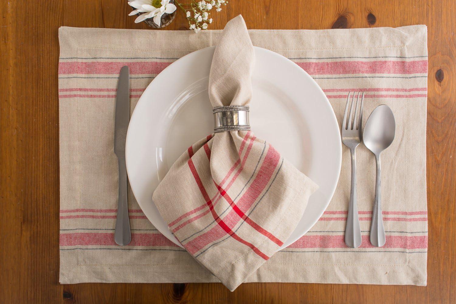 Rustic Beige and Red Striped Cotton Placemats, Set of 6