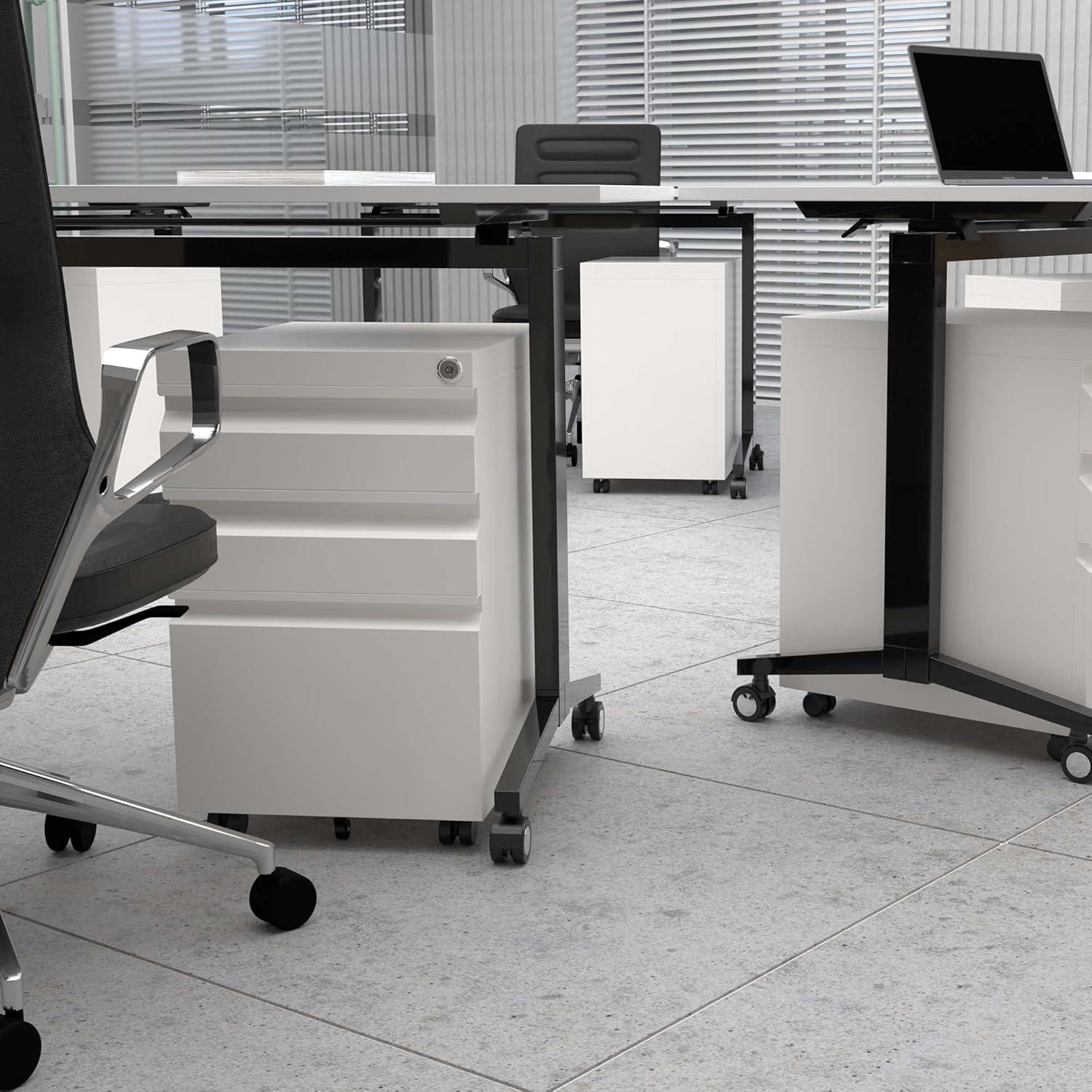 AOBABO 3 Drawer Mobile File Organizer, Lockable Metal Filing Cabinet Storage Cart w/Pencil Tray for Home & Office Organization, Fully Assembled, White