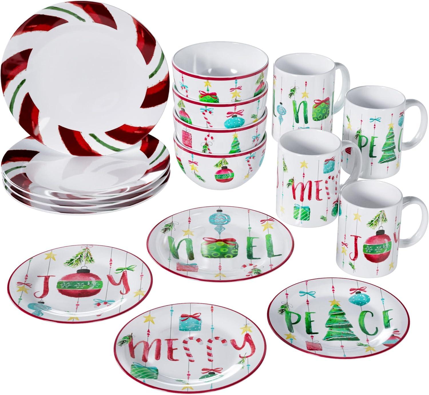 Holiday Peppermint Ornaments Ceramic Dinnerware Set, Service for 4