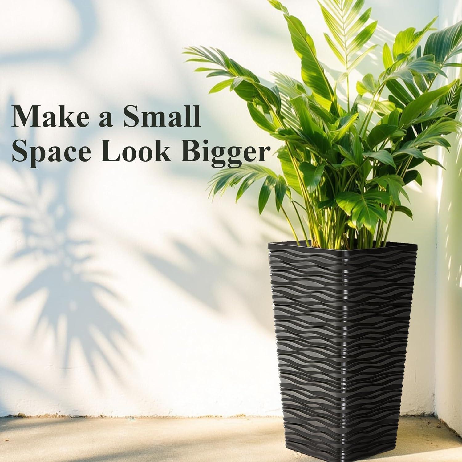 WORTH 22 inch Planters for Indoor Plants,Black Planters Outdoor Set of 2, Plastic Square Pots for Plants, Matte Wavy Modern Planter Large Plant Pot Tree Pot