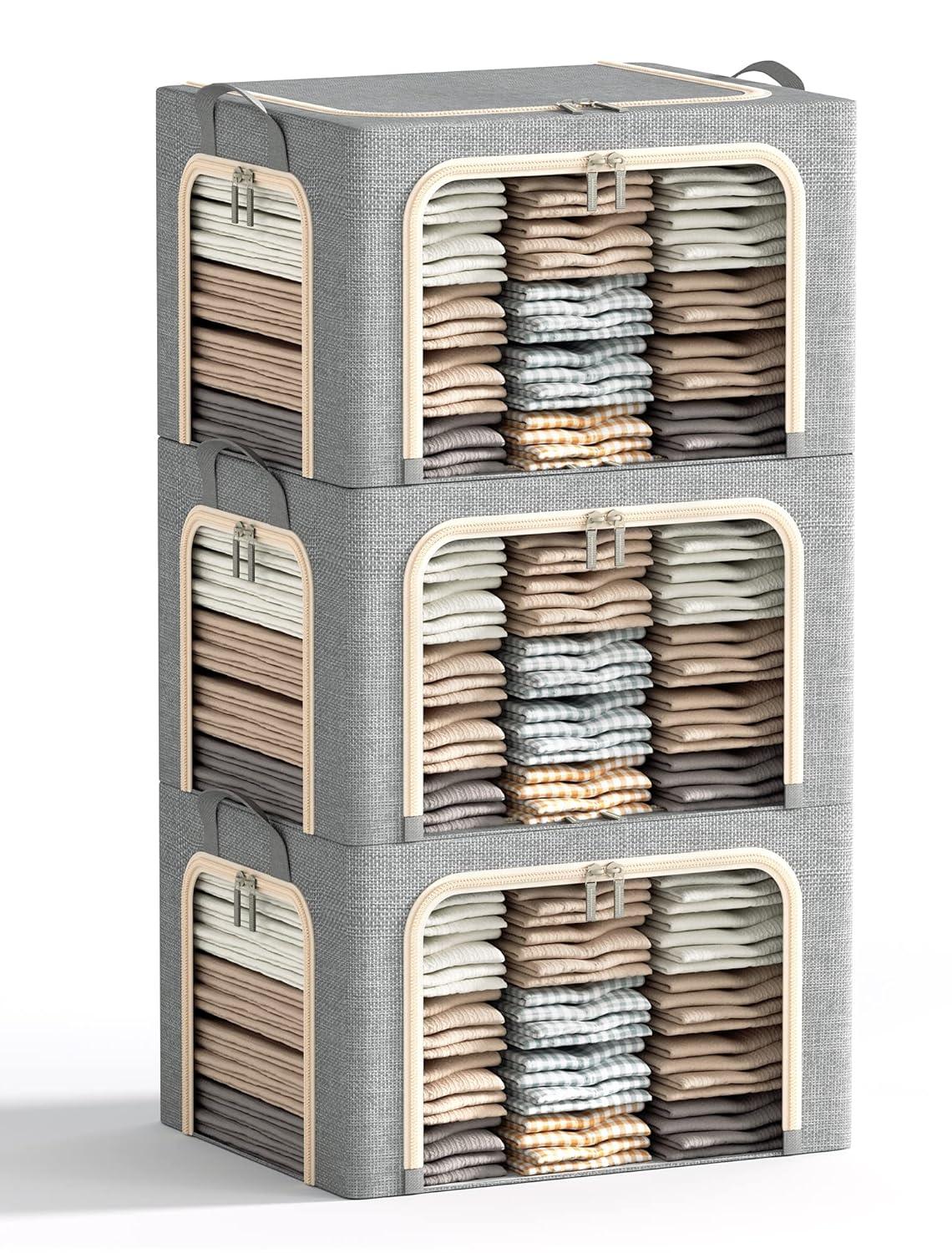 3 Openings Clothes Storage Bins With Metal Frame, Foldable Storage Bin For Clothes, Clothing Storage Bins With Lid, Linen Storage Box With Clear Window& Zippers& Durable Handles.(3 Pcs,Light Grey,40L)