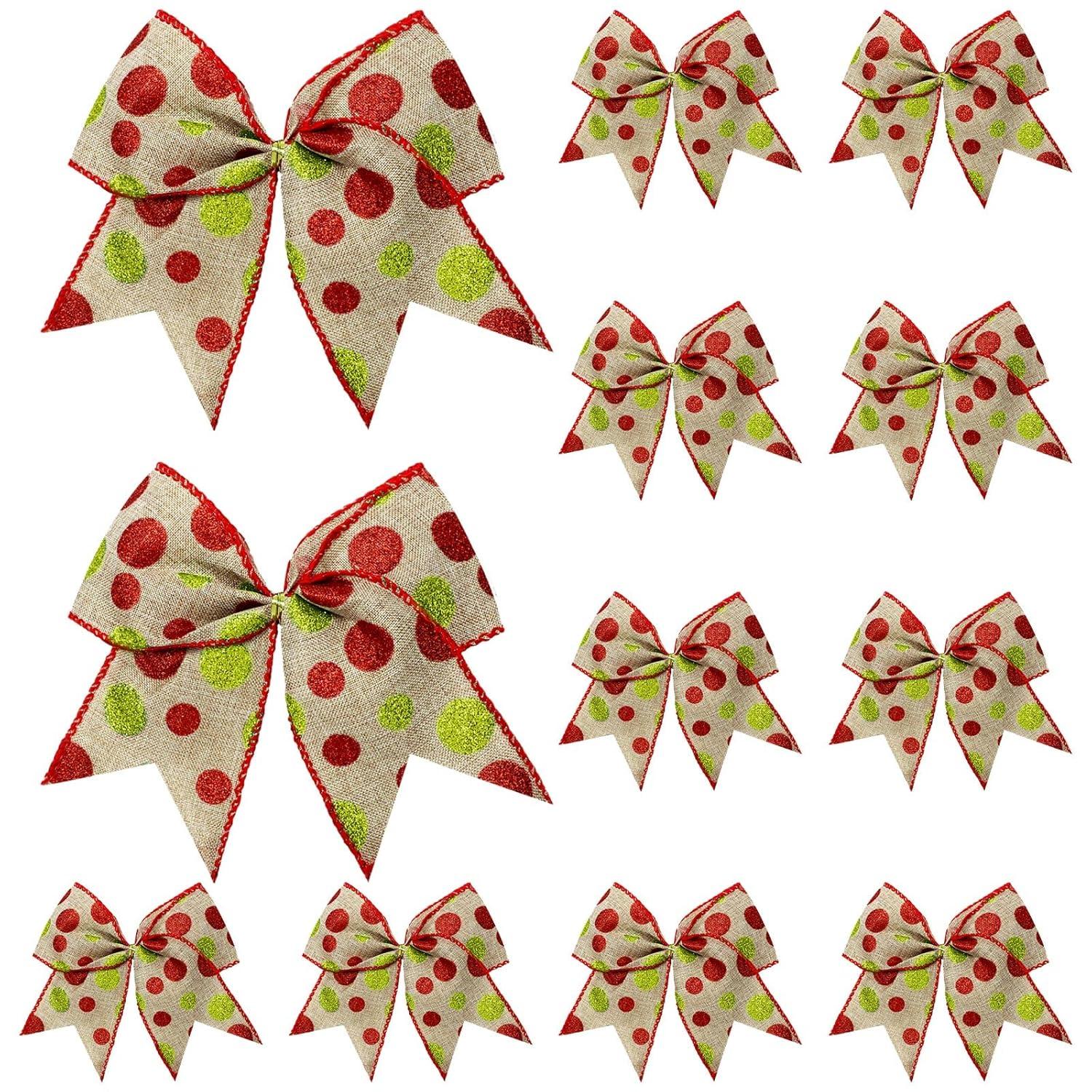 Sandistore Cute Cars 12pcs Christmas Tree Bows Ornaments 6 Inch Large Christmas Wreath Bows Red Green Xmas Tree Bows Christmas Glitter Dot Bows Ribbons Decoration For Garland Diamonds for Crafts