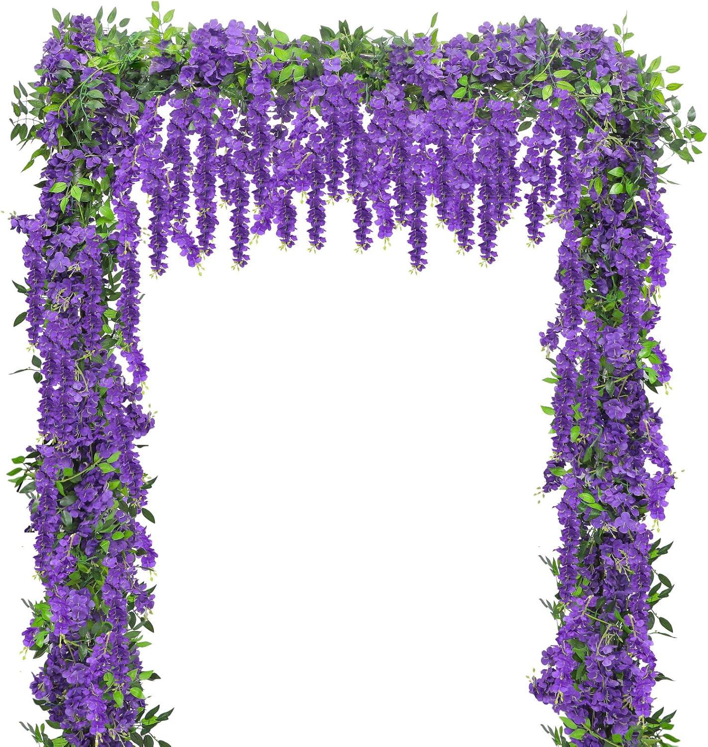 Sinhoon Wisteria Artificial Flowers Garland, 4 Pcs Total 28.8ft Artificial Wisteria Vine Silk Hanging Flower for Home Garden Outdoor Ceremony Wedding Arch Floral Decor (Light Purple)