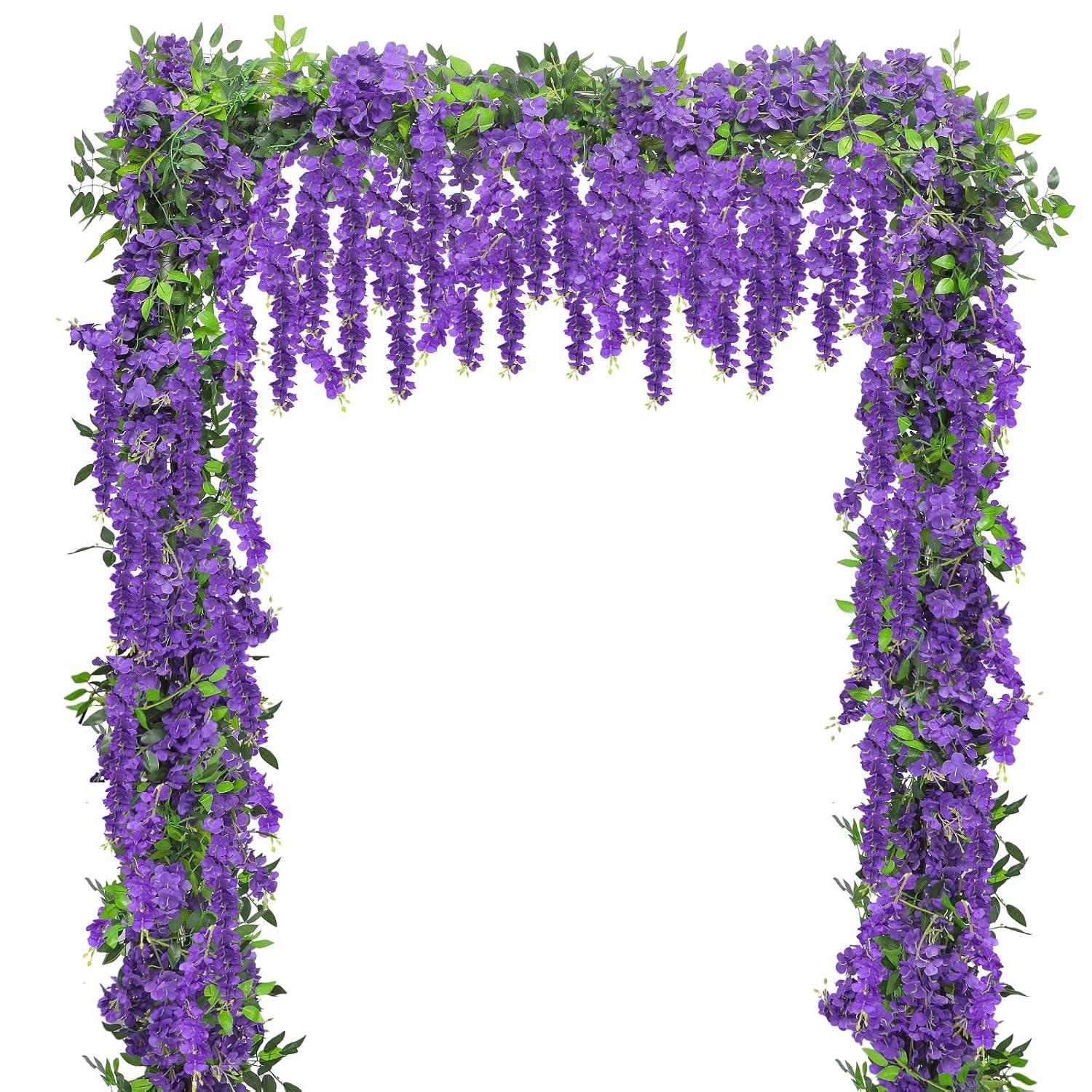 Sinhoon Wisteria Artificial Flowers Garland, 4 Pcs Total 28.8ft Artificial Wisteria Vine Silk Hanging Flower for Home Garden Outdoor Ceremony Wedding Arch Floral Decor (Light Purple)