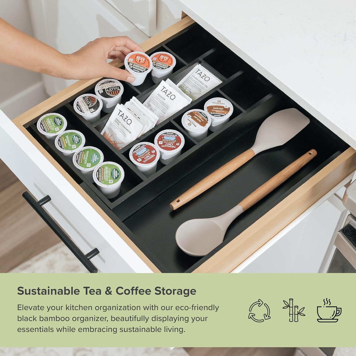 KitchenEdge Tea Bag and Coffee Pod Kitchen Drawer Organizer, Expandable 10 to 17 Inches, 10 Storage Compartments, Adjustable Wall Inserts, Non-Slip Feet, Food-Safe Black Finish, 100% Bamboo Wood