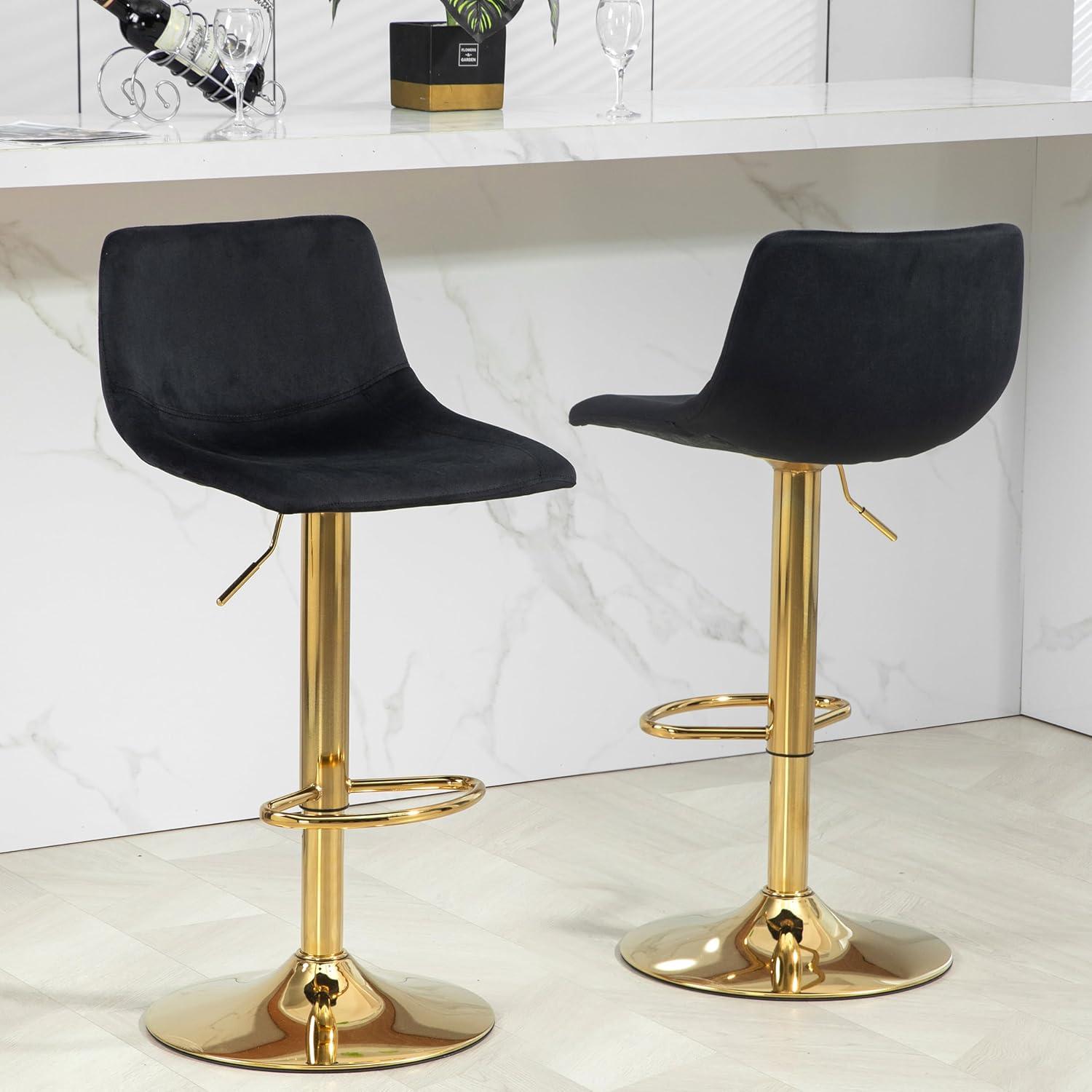 Black Velvet Adjustable Swivel Bar Stools with Gold Footrest, Set of 2