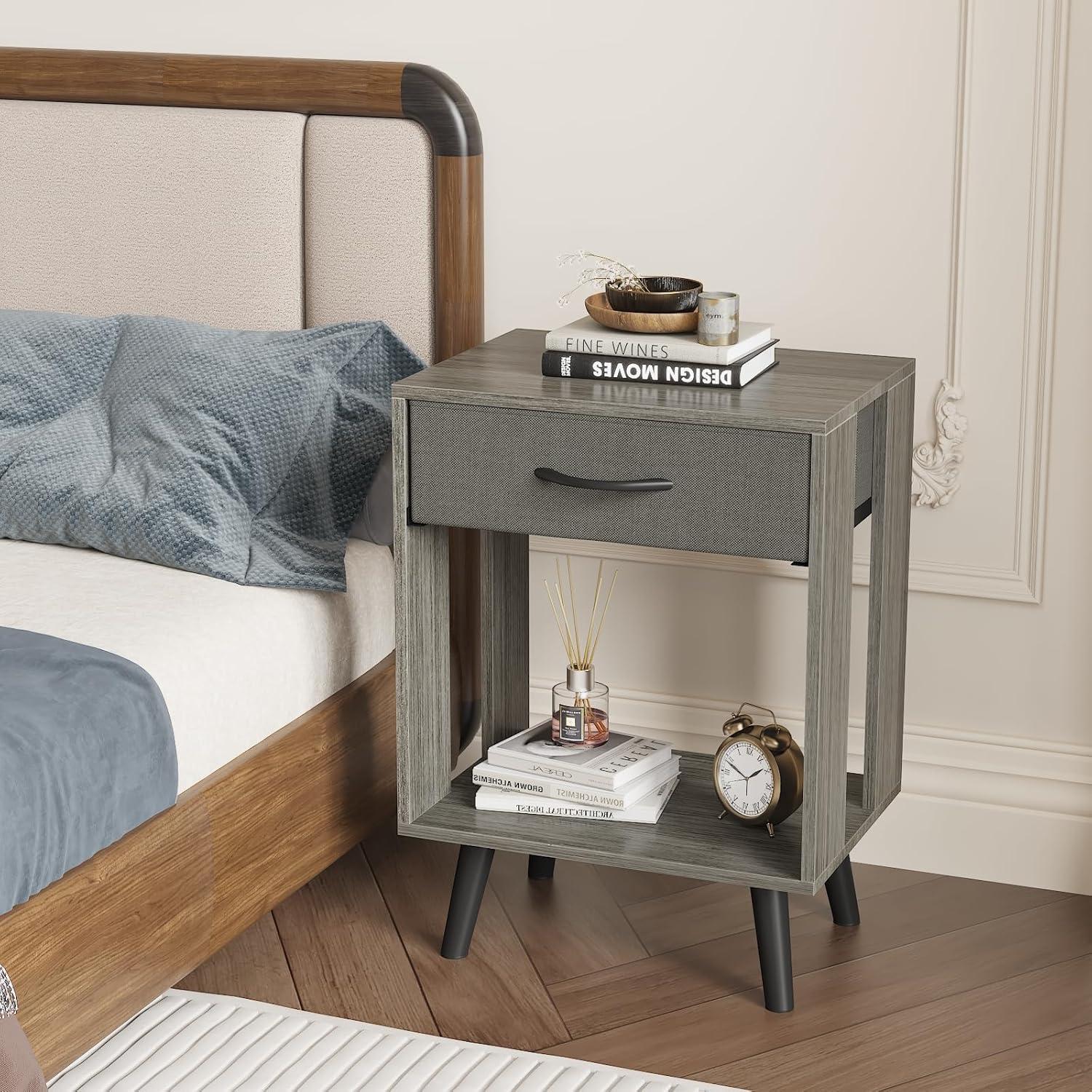 Nightstands Set Of 2 With Fabric Storage Drawer And Open Wood Shelf, Side Table With Storage For Bedroom, Bedside Tables - 23.7" H