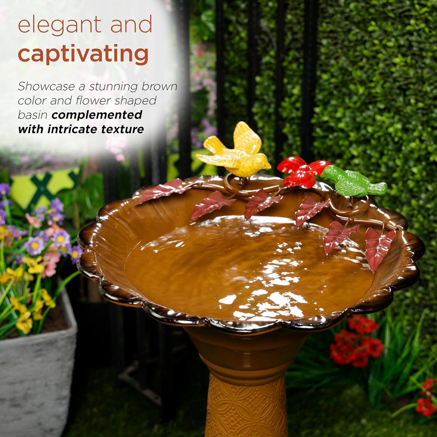 Brown Metal Pedestal Birdbath with Floral Basin, 28"