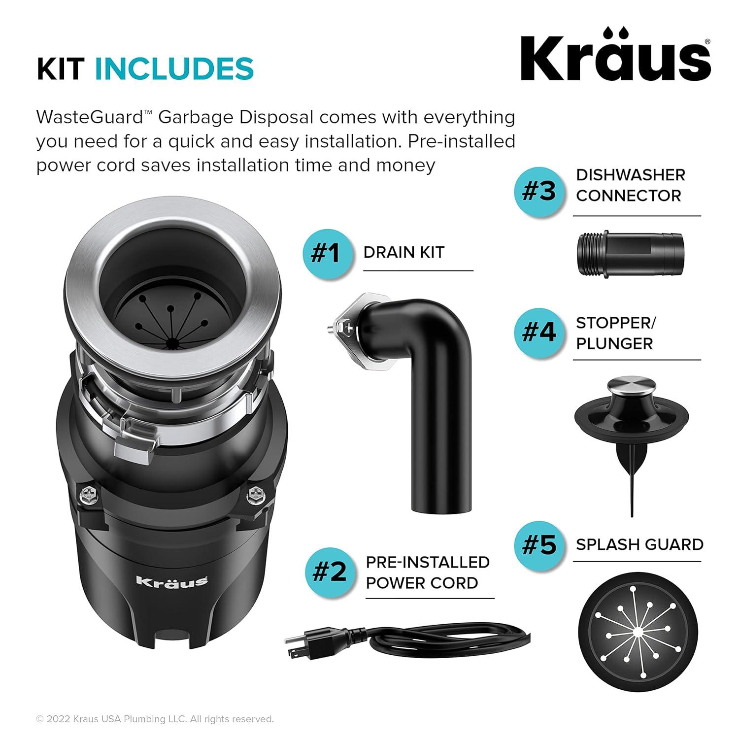 Kraus 1/3 HP WasteGuard High-Speed Ultra-Quiet Motor Garbage Disposal with Quick Connect Mount