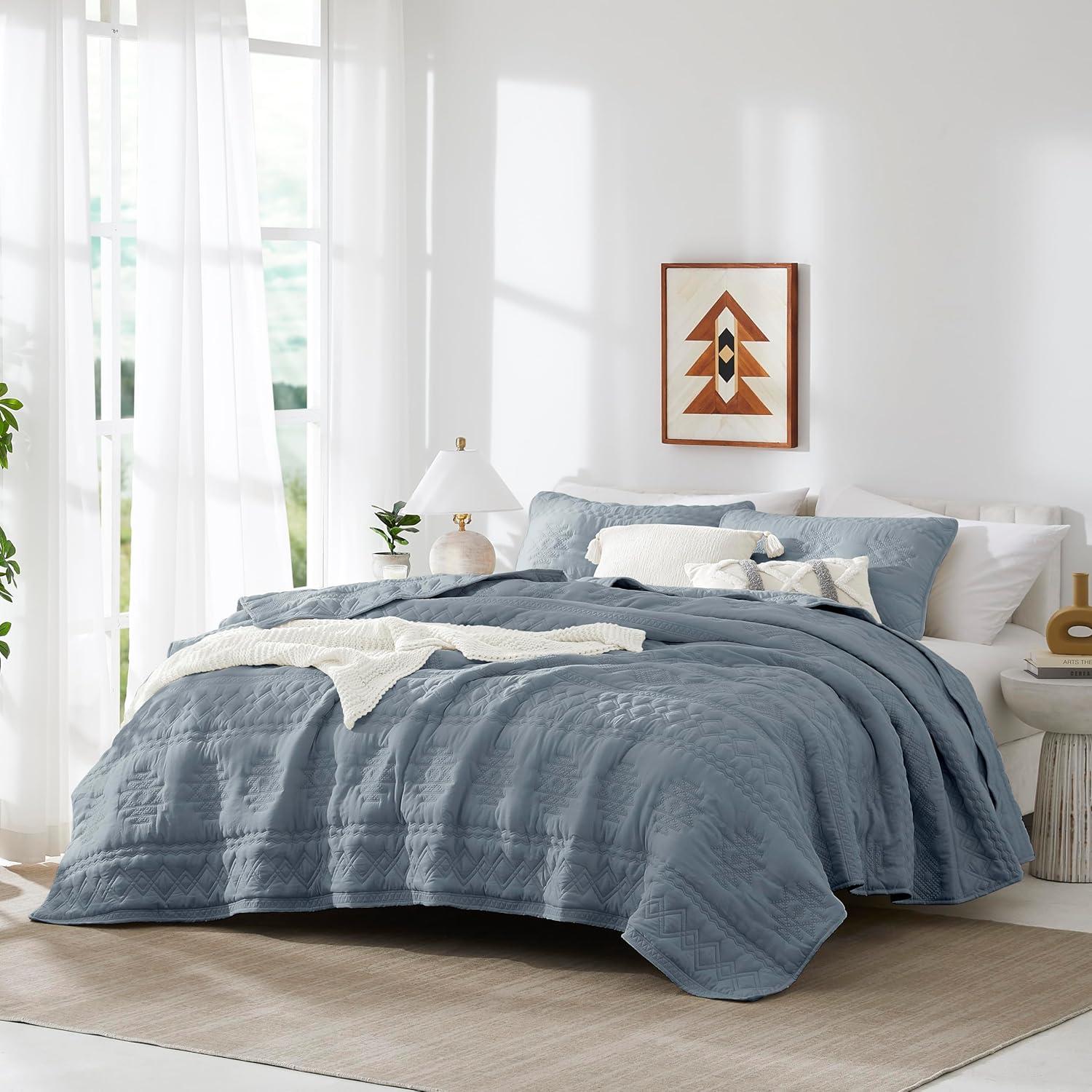 Blue Polyester California King Bedspread Set with Pillow Shams