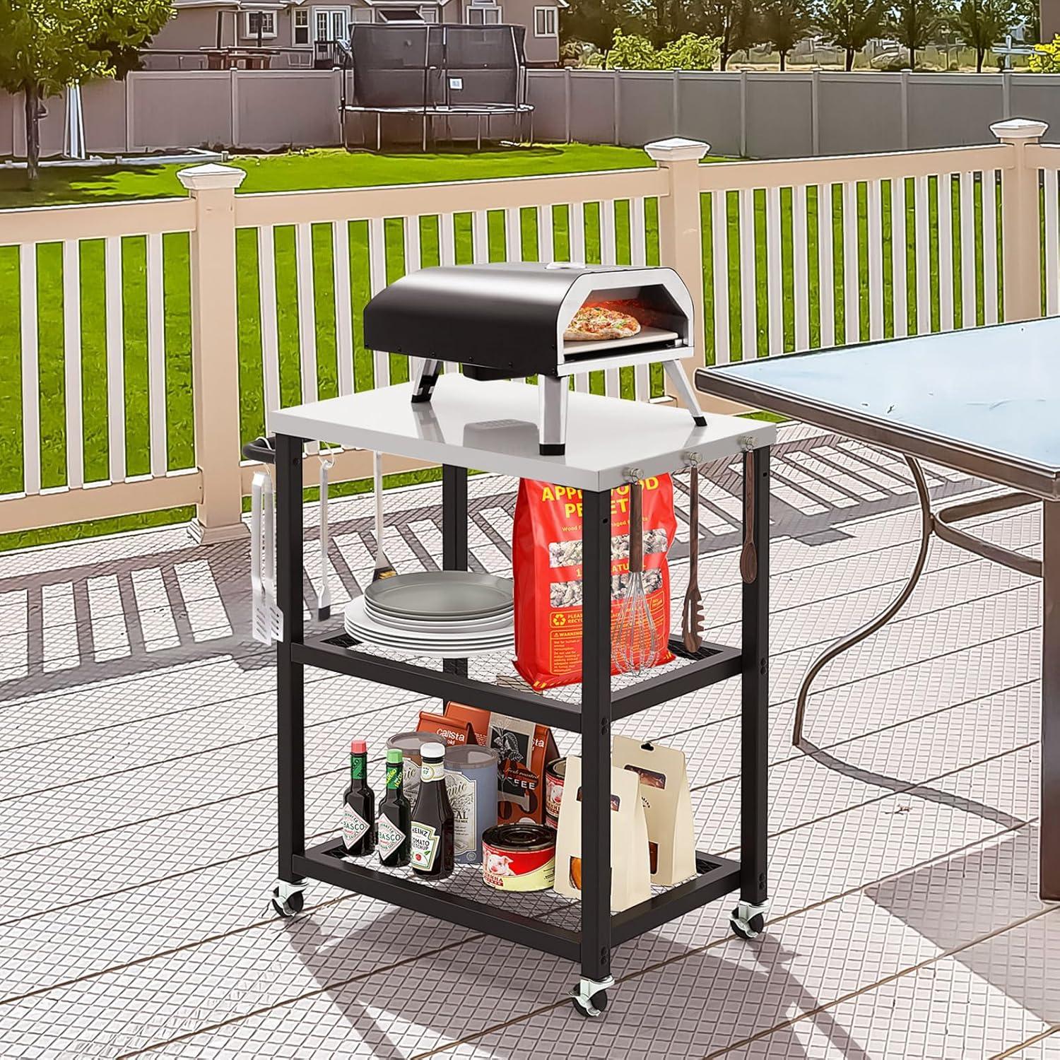 Werqueid Outdoor Grill Cart Table Pizza Oven Stand, Three-Shelf Stainless Steel Food Prep Table Patio BBQ Grill Table Bar Cart Kitchen Island with Wheels