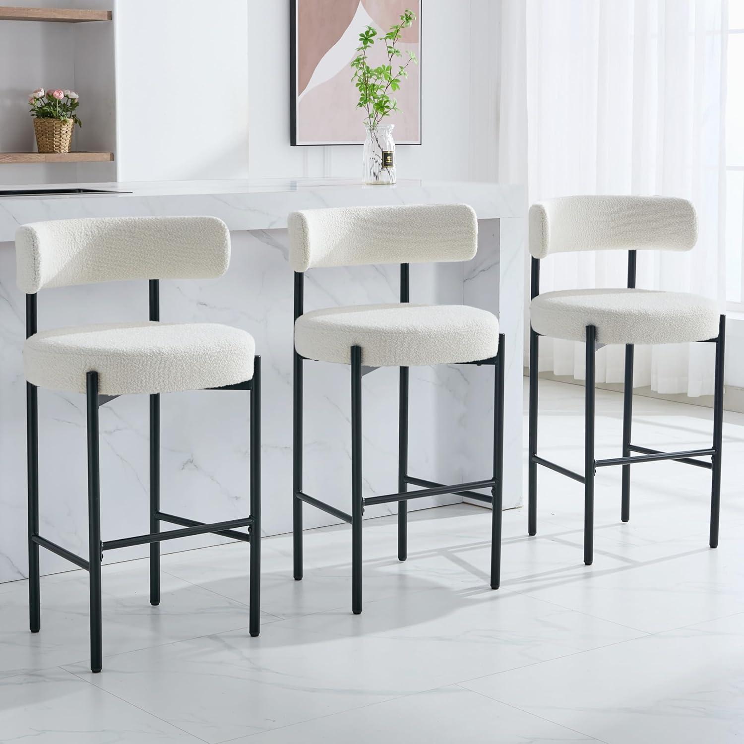 24'' White Boucle and Metal Counter Height Bar Stools, Set of 3