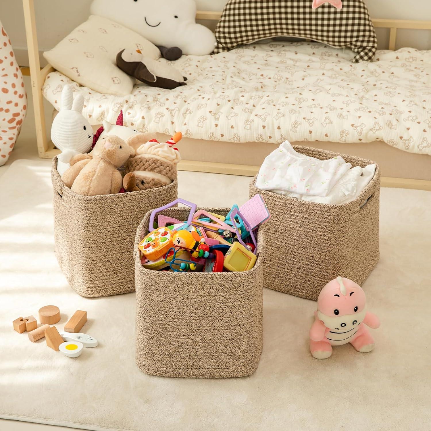 Set of 3 Beige Cotton Rope Woven Storage Bins