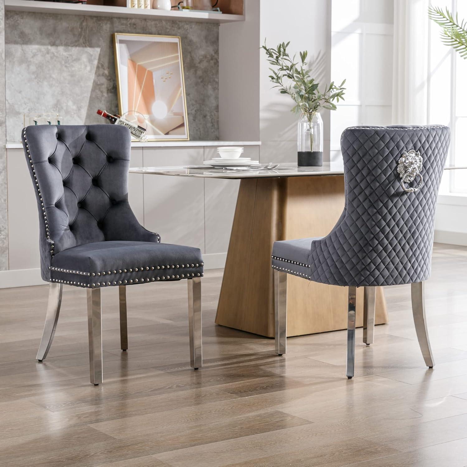 Gray Velvet Upholstered Dining Chairs with Silver Legs, Set of 2