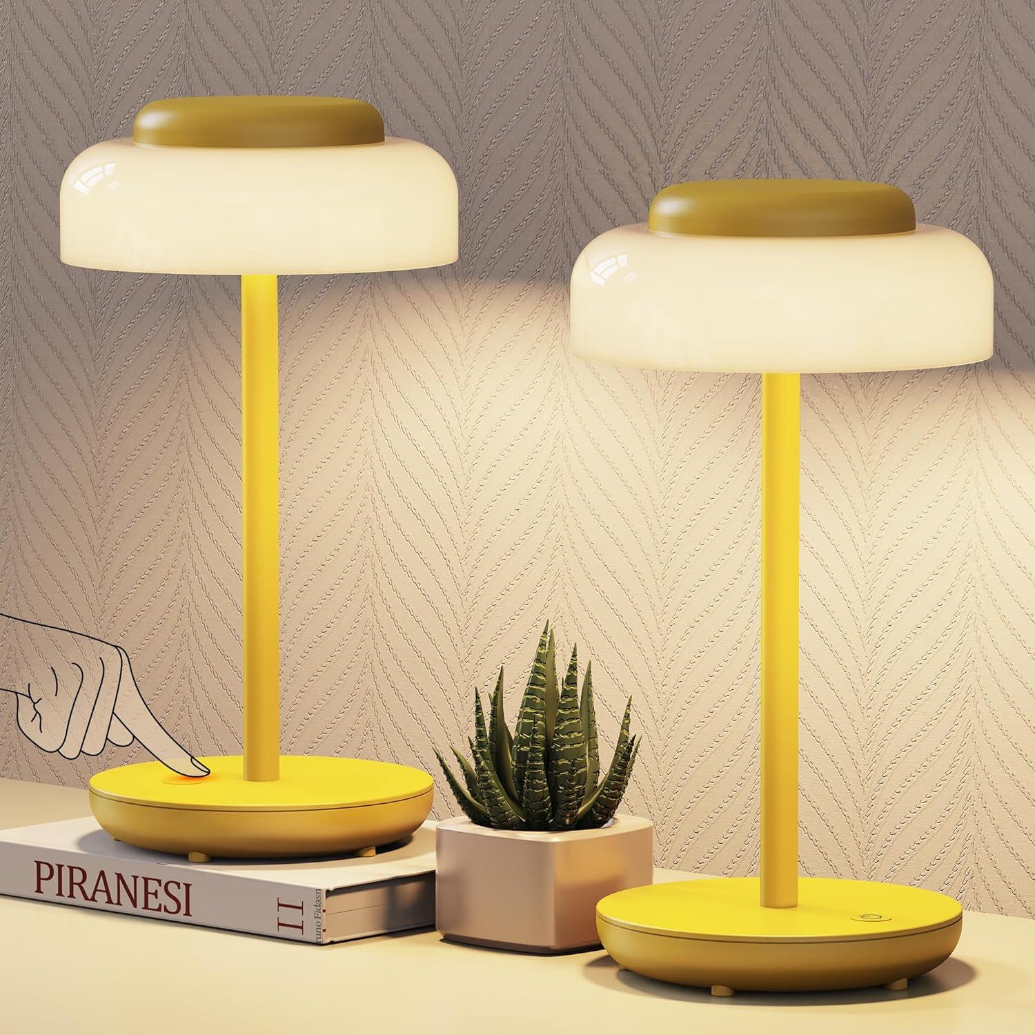 Portable 5000mAh Yellow LED Mushroom Table Lamp, 2 Pack