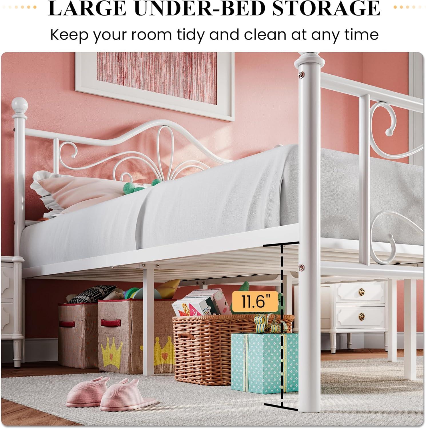 SHA CERLIN Twin Size Bed Frame for Kids,Metal Bed Frame with Butterfly Pattern Design Headboard & Footboard,No Box Spring Needed,Easy Assembly,White