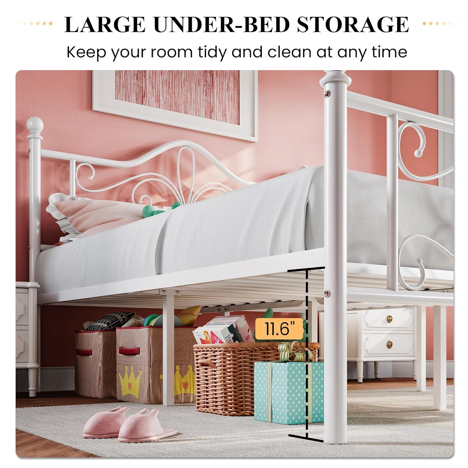 SHA CERLIN Twin Size Bed Frame for Kids,Metal Bed Frame with Butterfly Pattern Design Headboard & Footboard,No Box Spring Needed,Easy Assembly,White