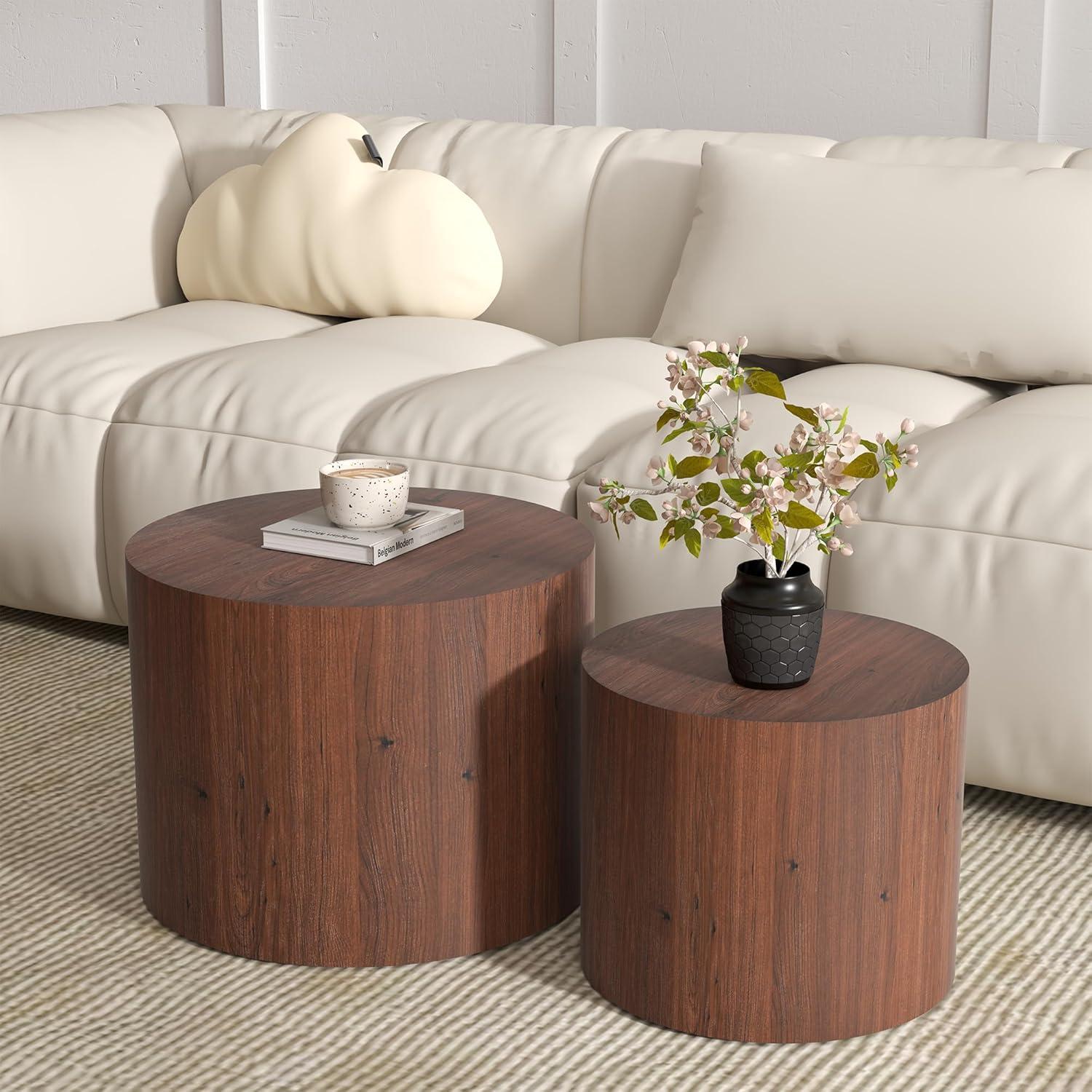 Coffee Table Set of 2, Round Walnut Wooden Coffee Tables Modern Circle End Table Side Table for Small Spaces Living Room, Bedroom, Balcony, Office