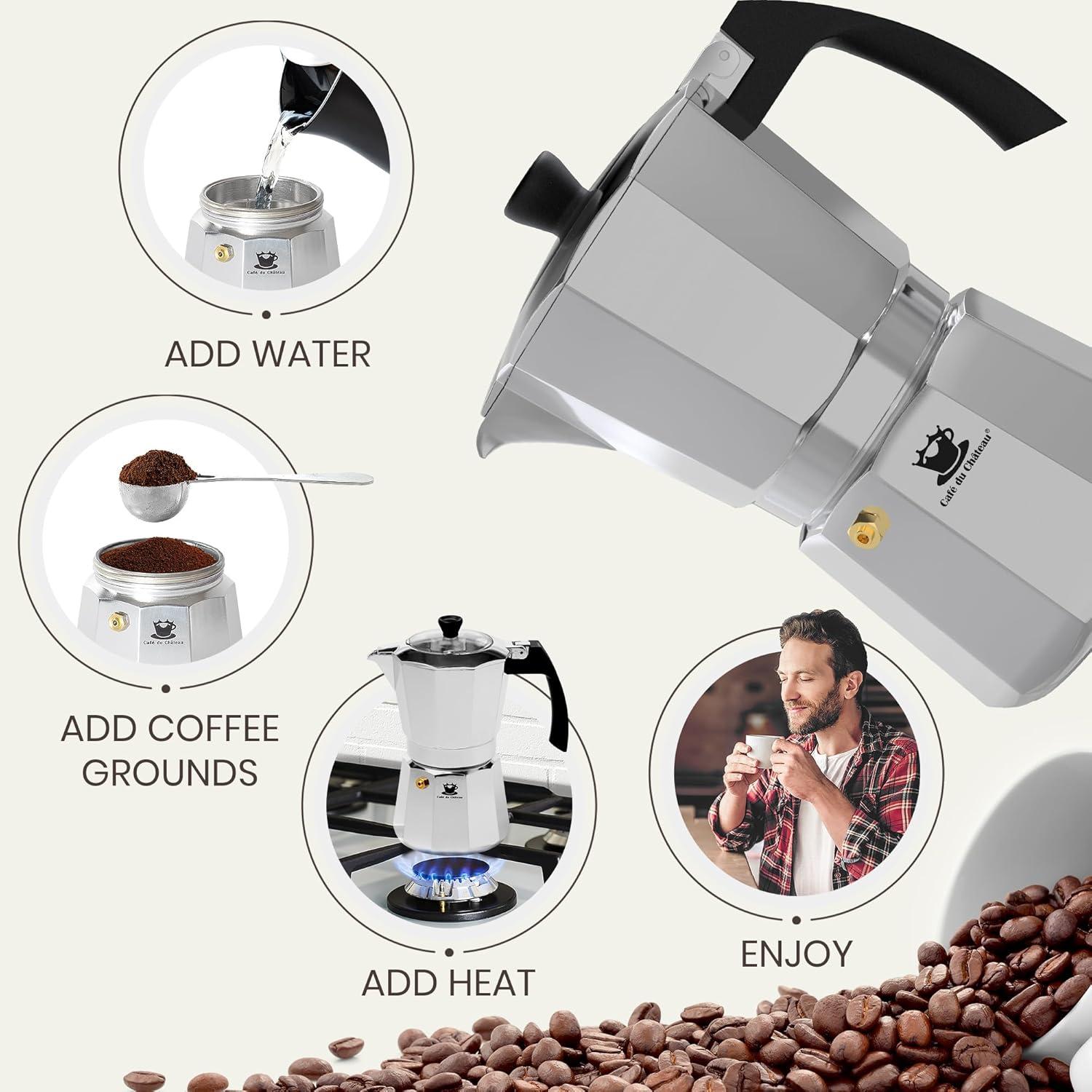 Espresso Maker by Cafe Du Chateau (313.5ml) Transparent Top Lid, High Gloss Finish, Free Coffee Clip Spoon, Coffee Percolator