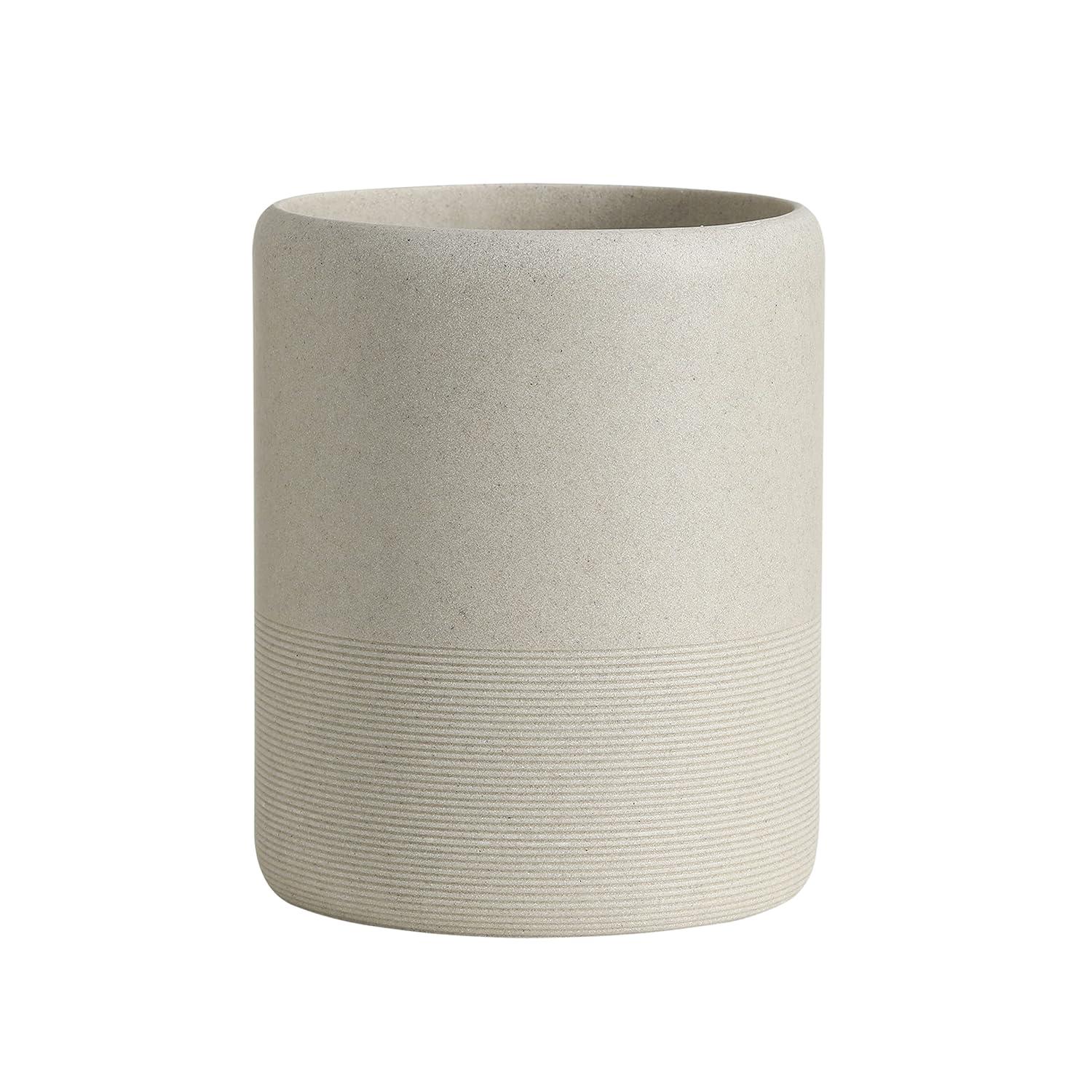 Beige Polyresin Marble Look Round Wastebasket