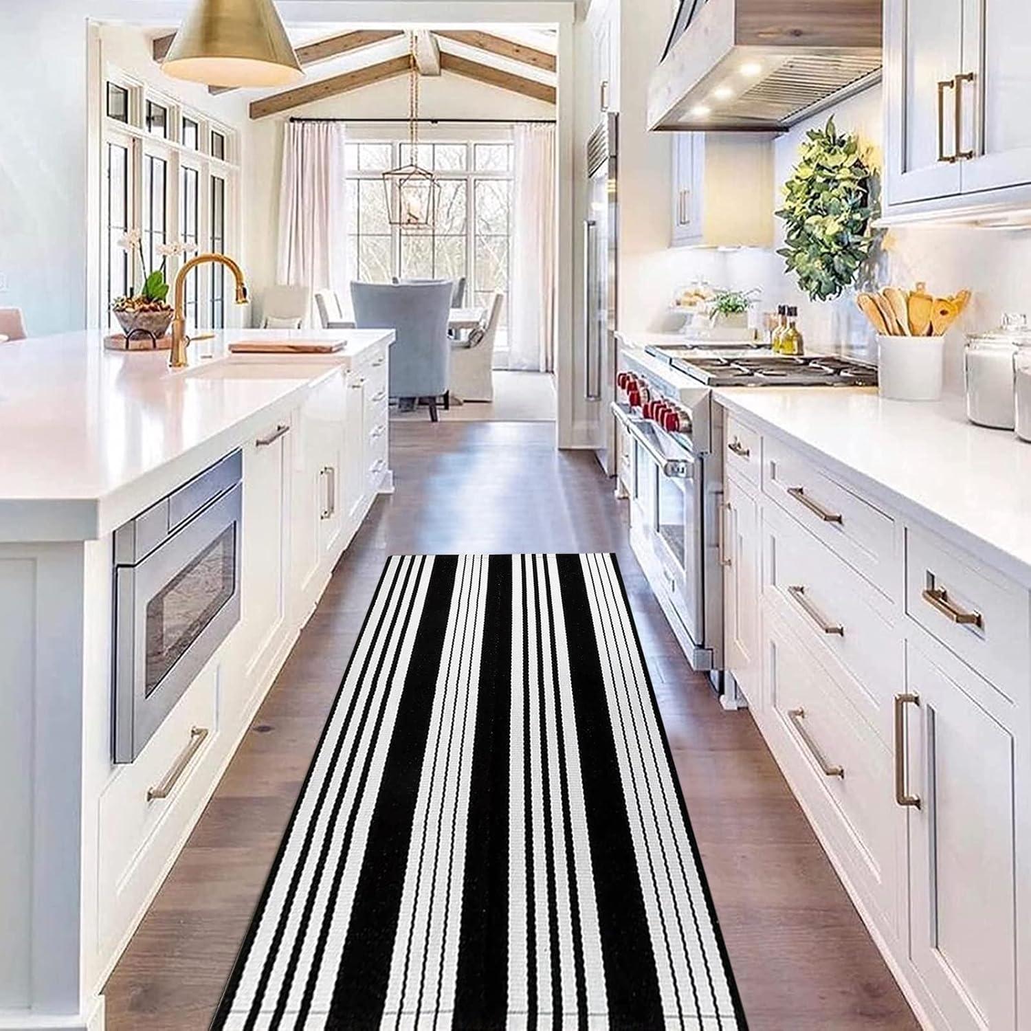 Black and White Striped Hand-Woven Outdoor Rug 24'' x 51''