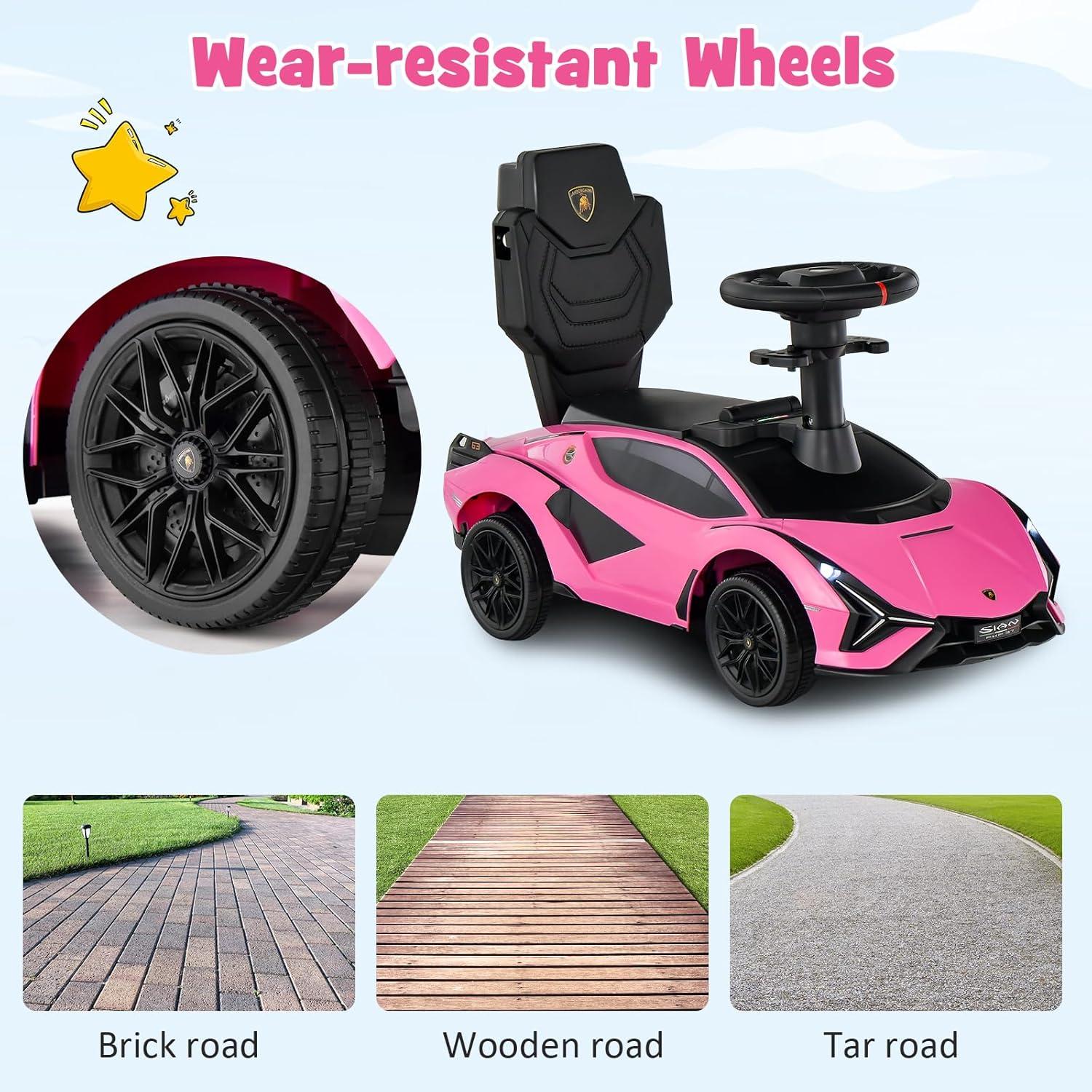 OLAKIDS 3 in 1 Ride on Push Car, Licensed Lamborghini Stroller Sliding Walking Car with Push Handle, Music, USB, Headlight, Under Seat Storage, Kids Foot-to-Floor Toy for 18-60 Months