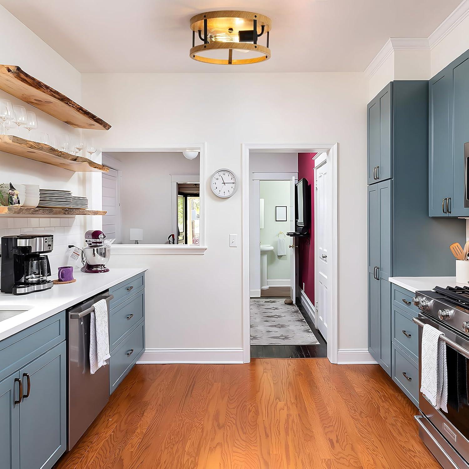 2-Light Industrial Flush Mount Ceiling Light Fixture, Wood Finish Farmhouse Ceiling Light Fixture,Modern Flush Mount Light Fixture for Kitchen Bedroom Living Room Hallway 1 Pack