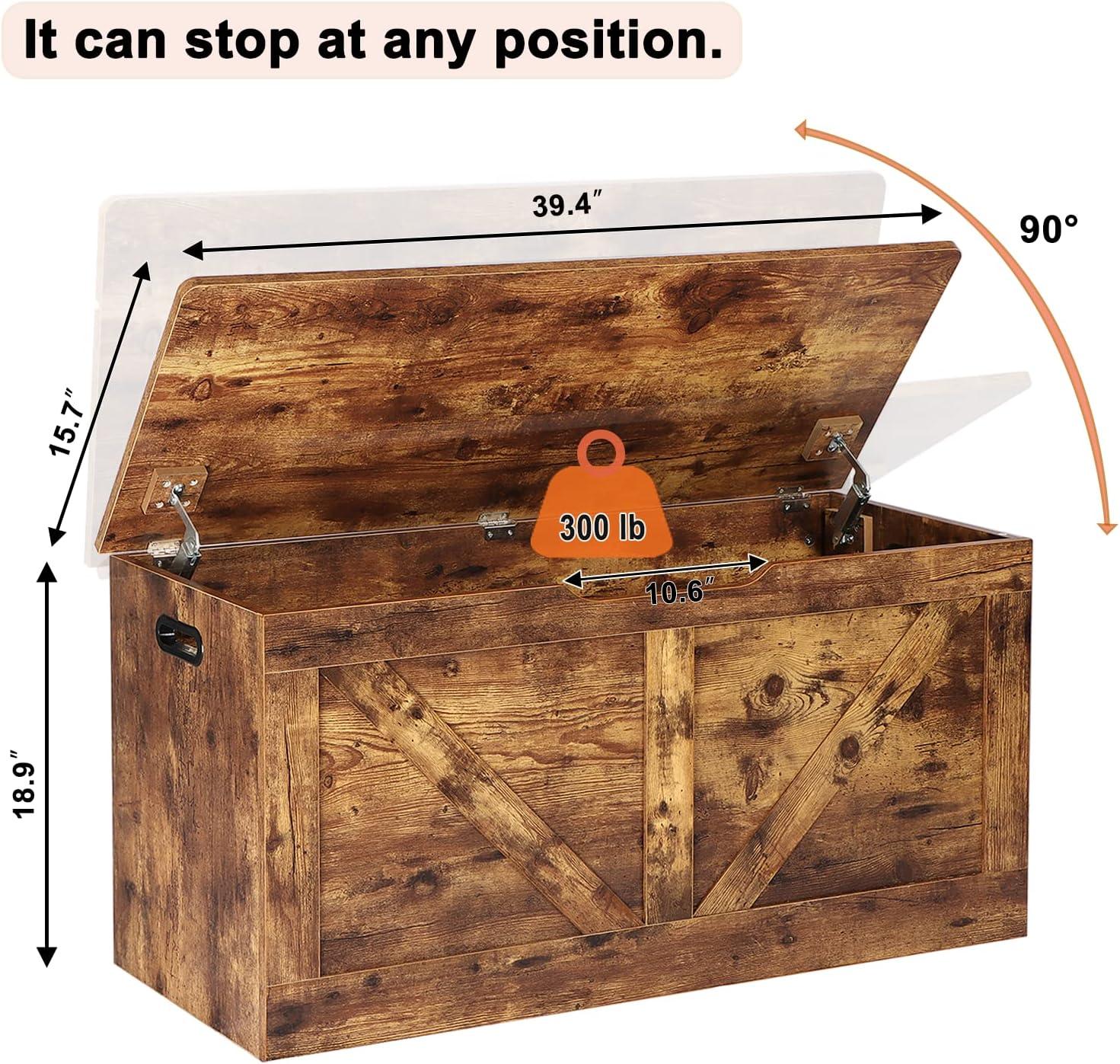 39.4" Storage Chest, Wooden Storage Bench, Large Storage Trunk with 2 Safety Hinges, Entryway Shoes Bench for Living Room, Bedroom, Rustic Brown