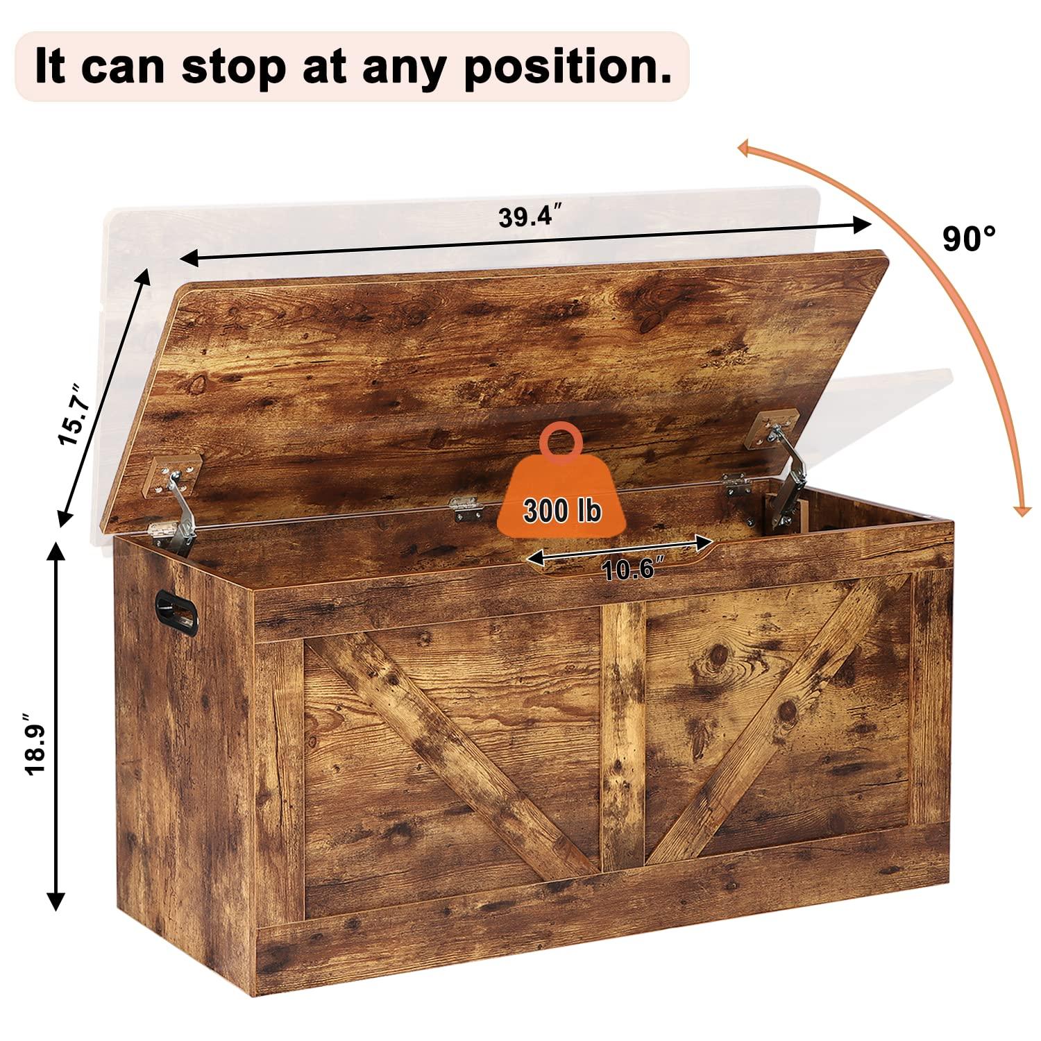 39.4" Storage Chest, Wooden Storage Bench, Large Storage Trunk with 2 Safety Hinges, Entryway Shoes Bench for Living Room, Bedroom, Rustic Brown