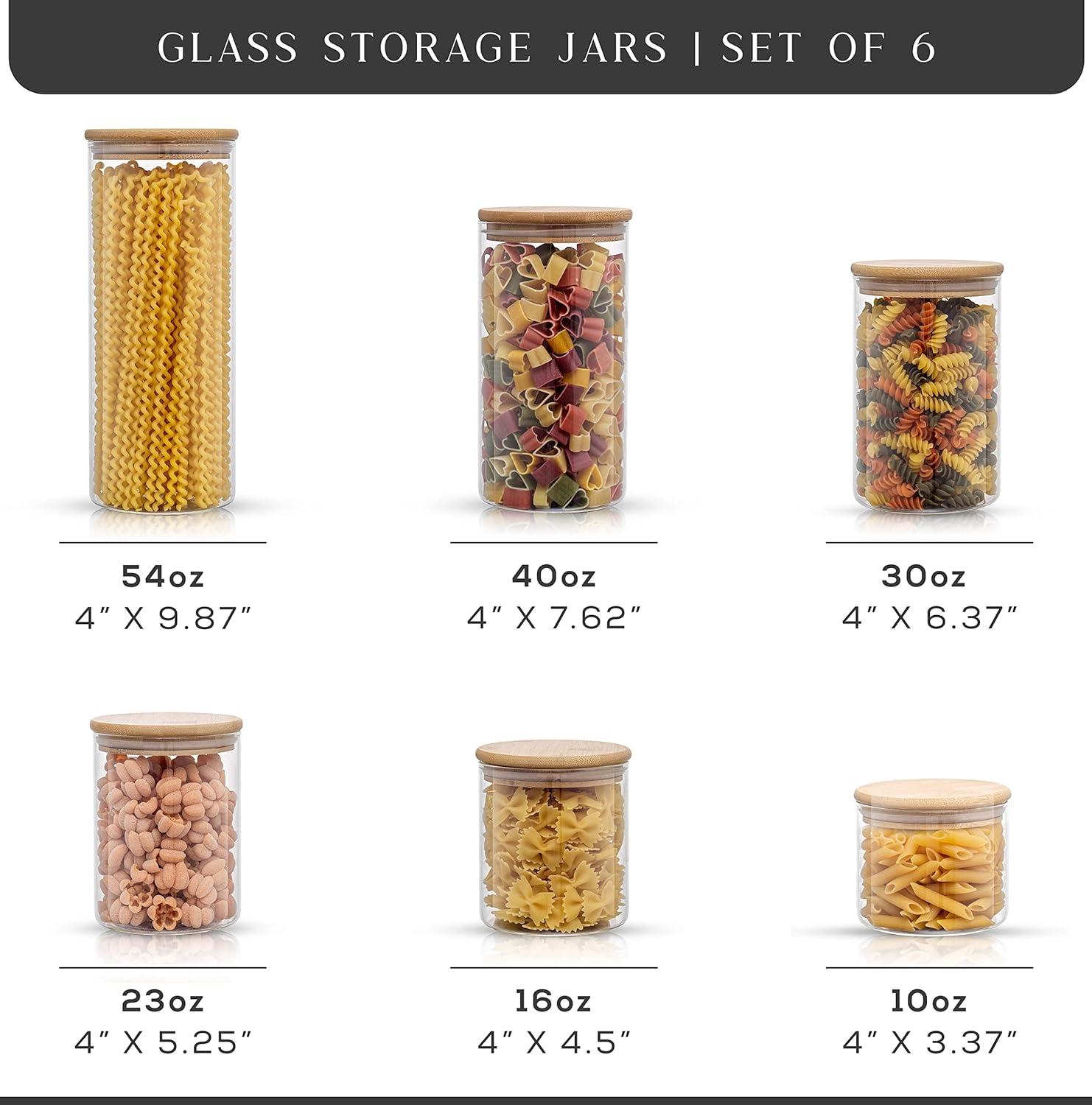 JoyJolt Glass Food Storage Jars Containers, Glass Storage Jar Bamboo Lids Set of 6 Kitchen Glass Canisters