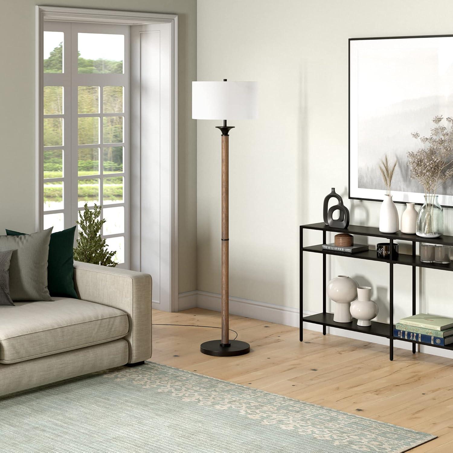 Rustic Oak & Blackened Bronze 66" Modern Floor Lamp with Linen Shade