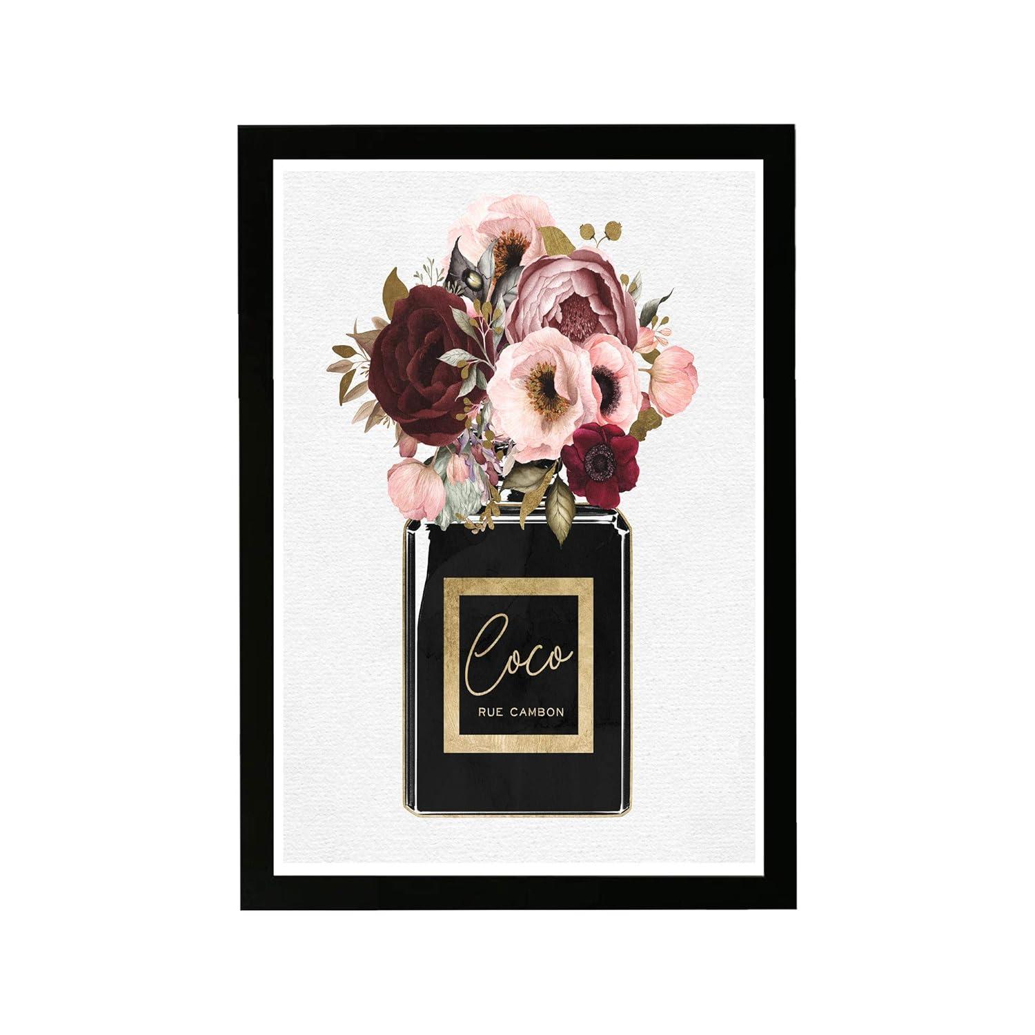 Wynwood Studio Fashion and Glam Framed Wall Art Prints 'Blush Floral Perfume' Perfumes Home Decor - Black, Pink, 13" x 19"
