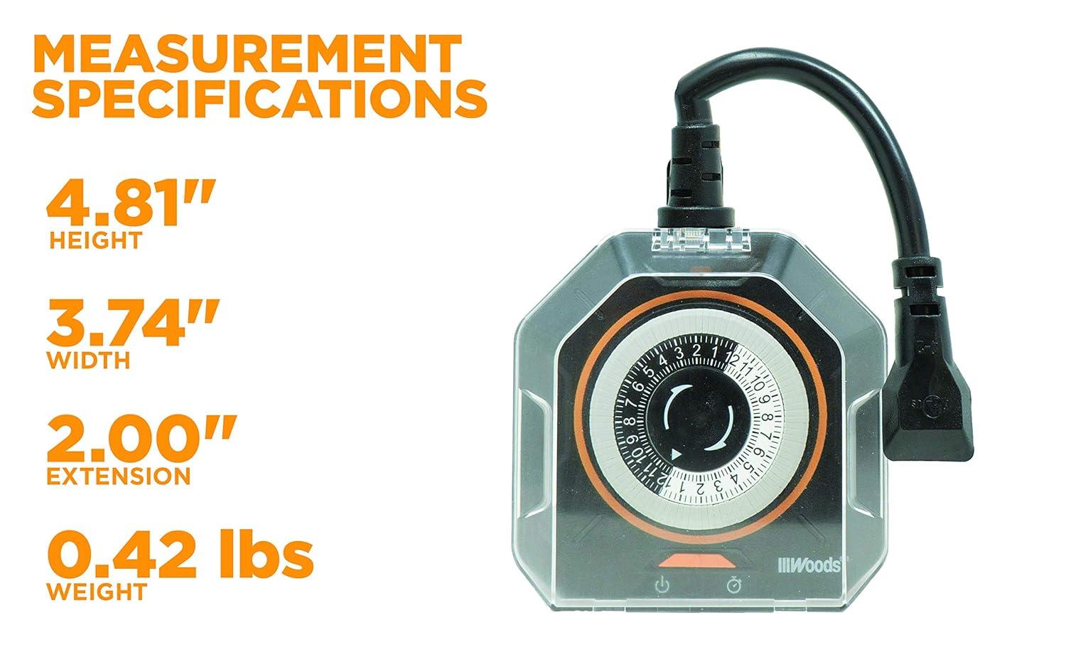 Woods 50123WD Black Outdoor 24-Hour Mechanical Timer with 2 Grounded Outlets