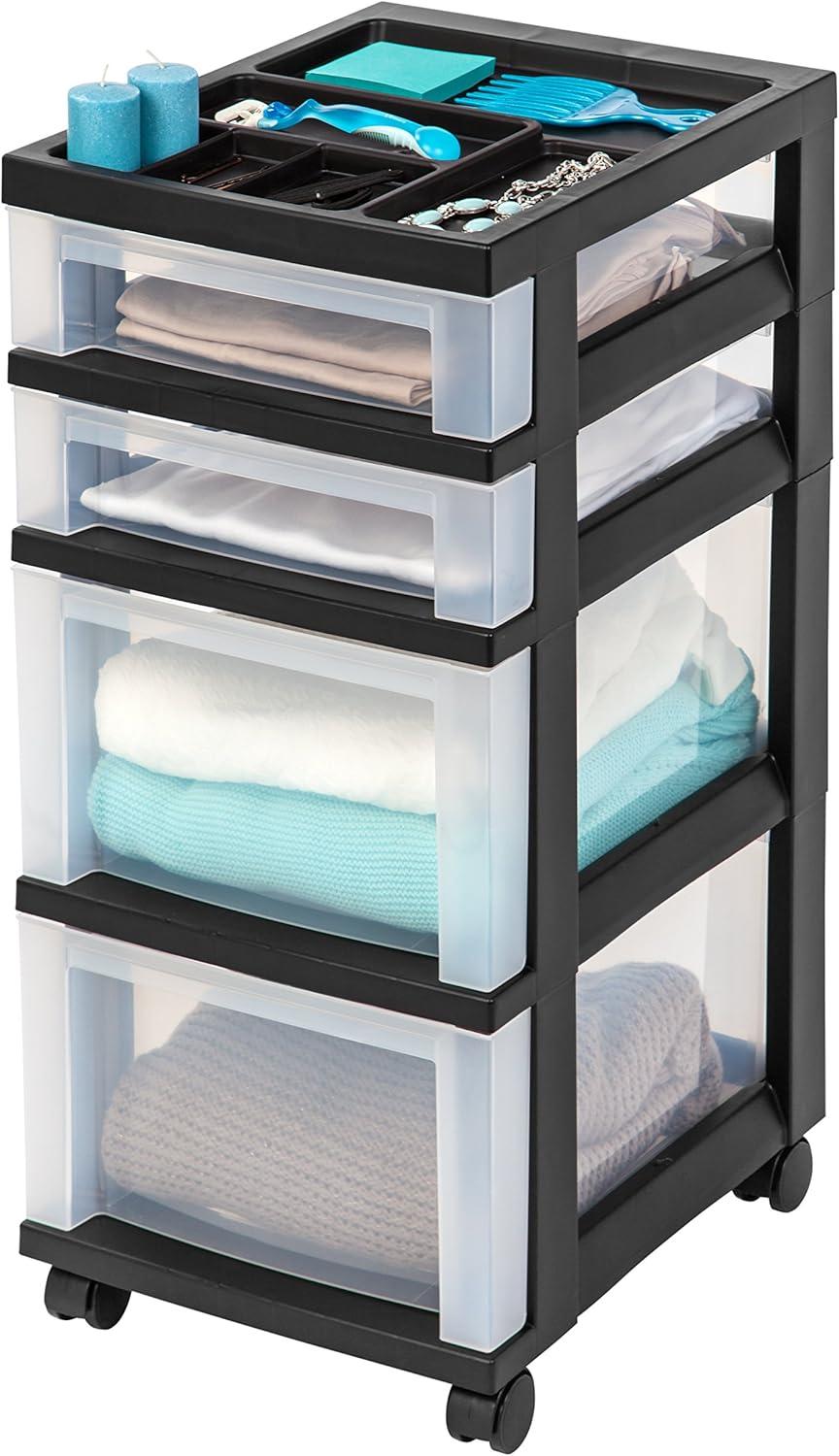 IRIS USA 4-Drawer Storage Cart with Organizer Top, Black