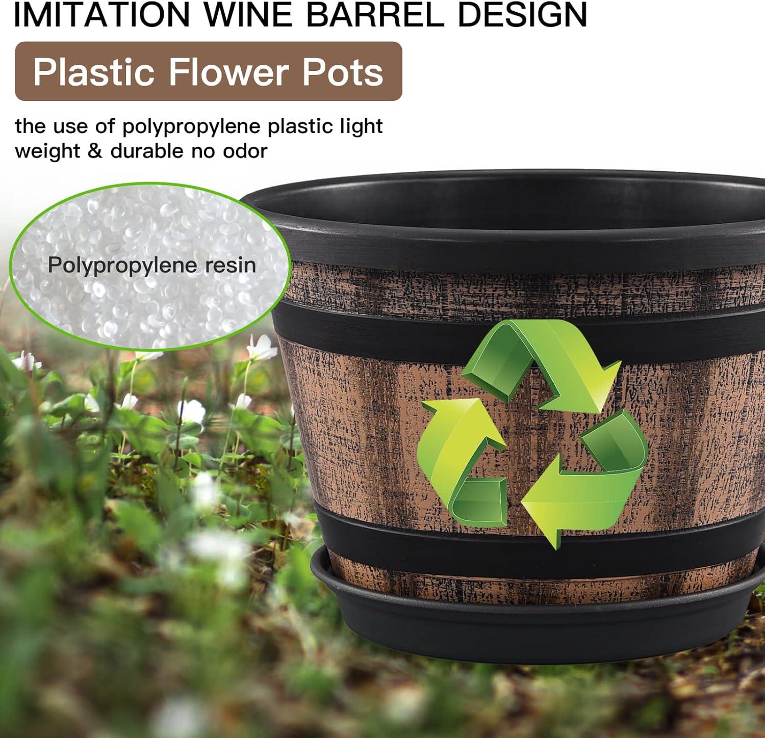 12'' Brown Plastic Whiskey Barrel Planter Set with Saucers