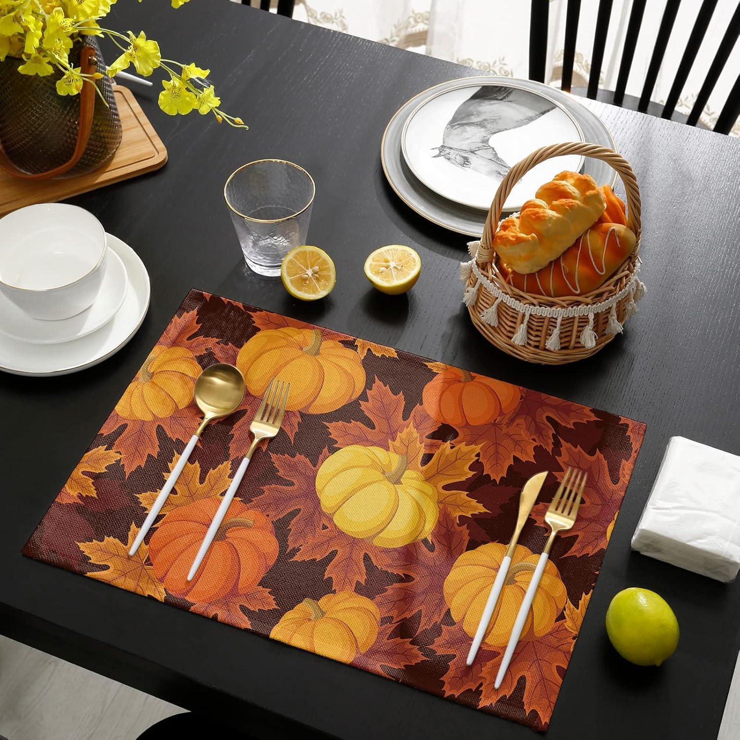 Thanksgiving Placemats Set of 6,Cotton Linen Heat Resistant Table Mats Washable Farmhouse Harvest Pumpkin Maple Leaves It''s Fall Y''all Placemat for Holiday Banquet Party Dining Kitchen Table Decor