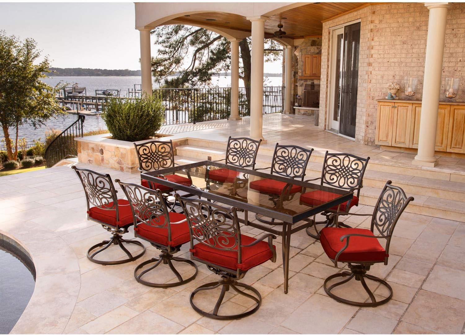 Elegant 8-Person Tempered Glass-Top Outdoor Dining Set with Red Cushions