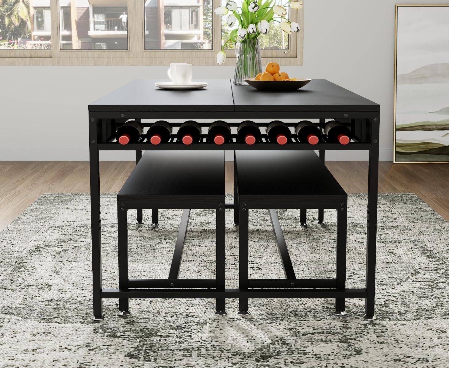 17 Stories Zubie 63"Dining Table Set for 4-6, 3-Piece Kitchen Table with 2 Utensil Drawers,2 Benches&Wine Rack