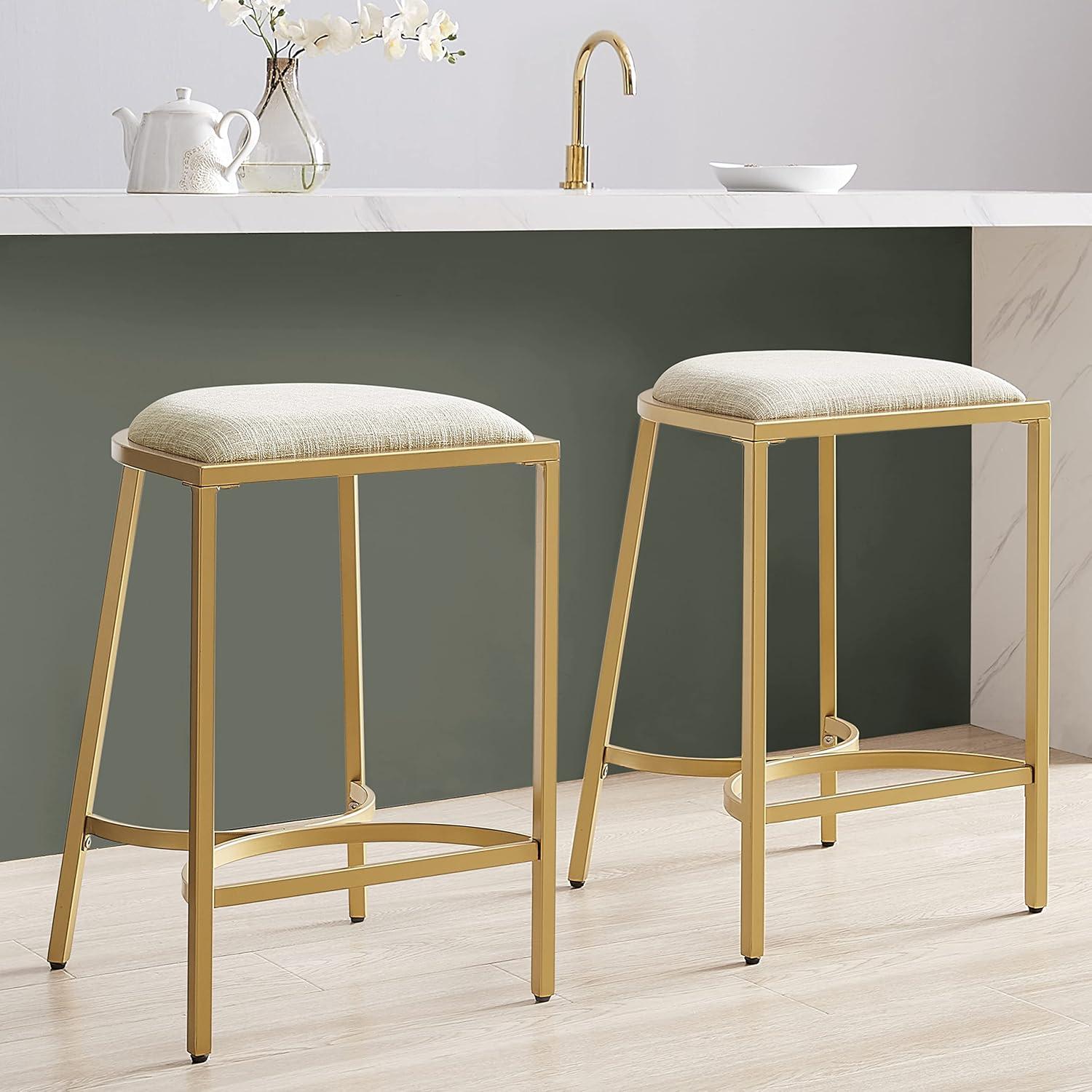 Ellery Backless Half-Round Oatmeal Cushioned Counter Stool Set in Gold