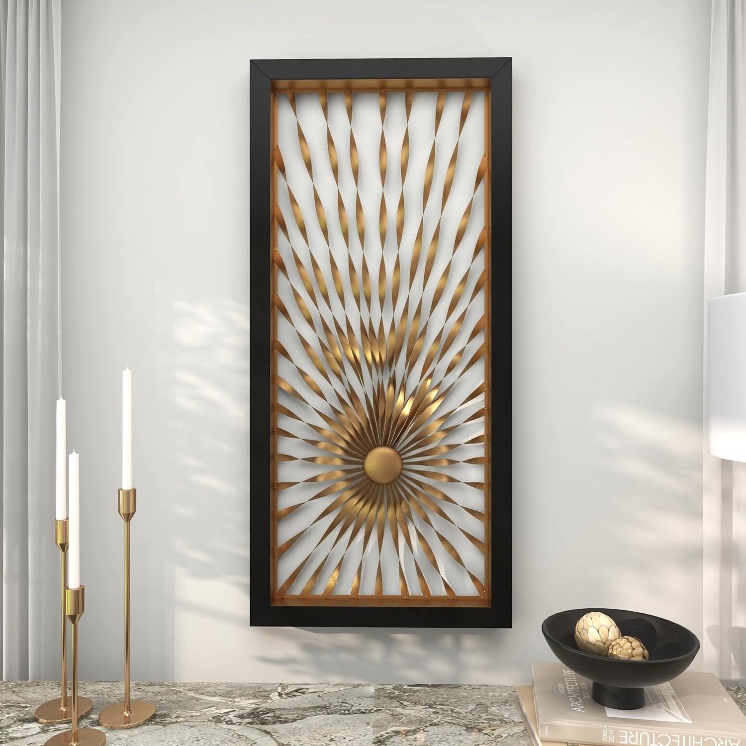 DecMode Gold Metal Coiled Ribbon Sunburst Wall Decor with Black Frame