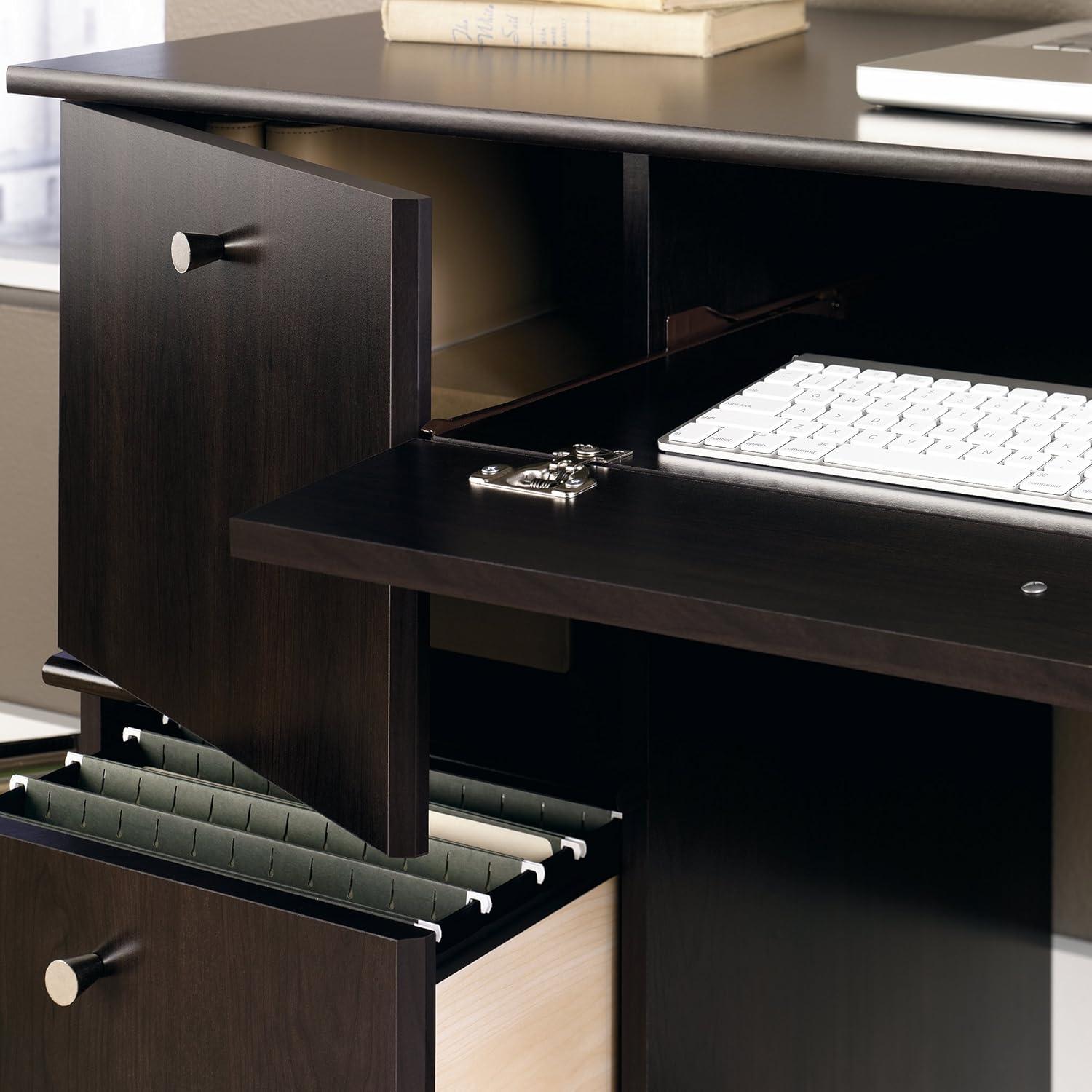 Sauder Computer Desk - Cinnamon Cherry : Slide-Out Keyboard Shelf, File Storage, Laminated Finish: Mid-Century Modern, Paper Veneer Surface