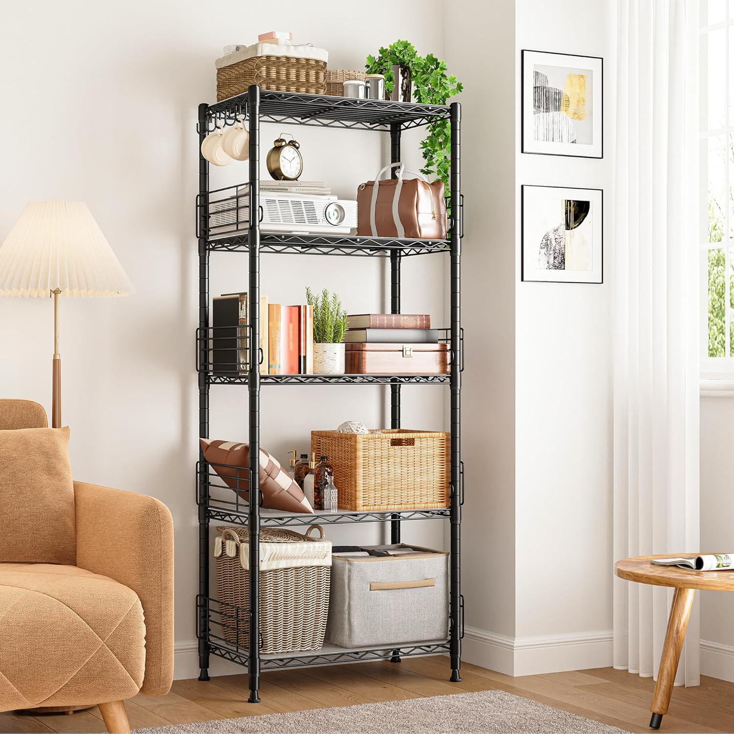 LINSY HOME Pantry Storage Shelves, 5-Tier Adjustable Heavy Duty Metal Storage Shelf, 59" Tall Standing Shelf, Upgrade Steel Wire Rack Organizer for Kitchen, Bathroom, Garage, Living Room, Black