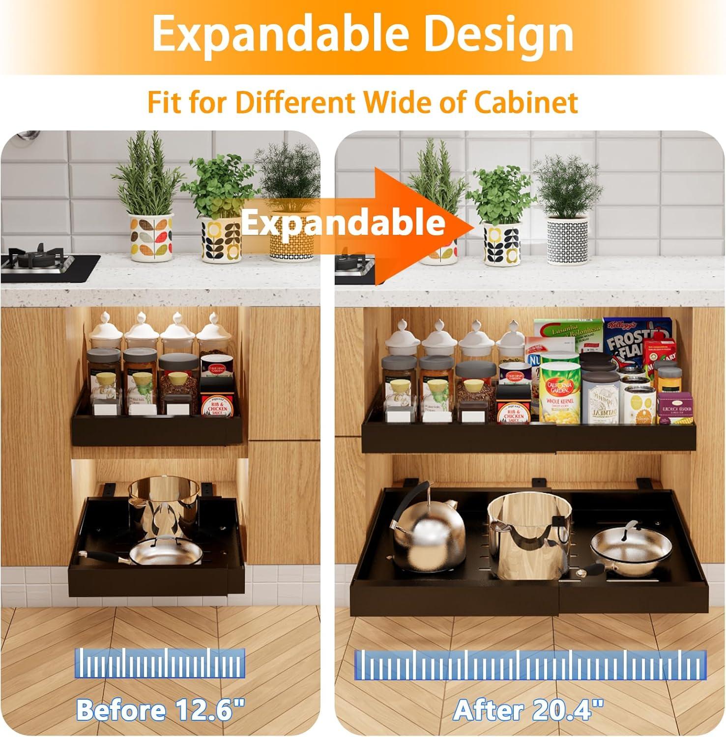 Pull Out Cabinet Organizer 2 pack,Expandable (12.6"-20.4") Pull Out Drawers for Cabinets, Slide Out Cabinet Organizers with Adhesive Nano Film for Kitchen Cabinet Organization