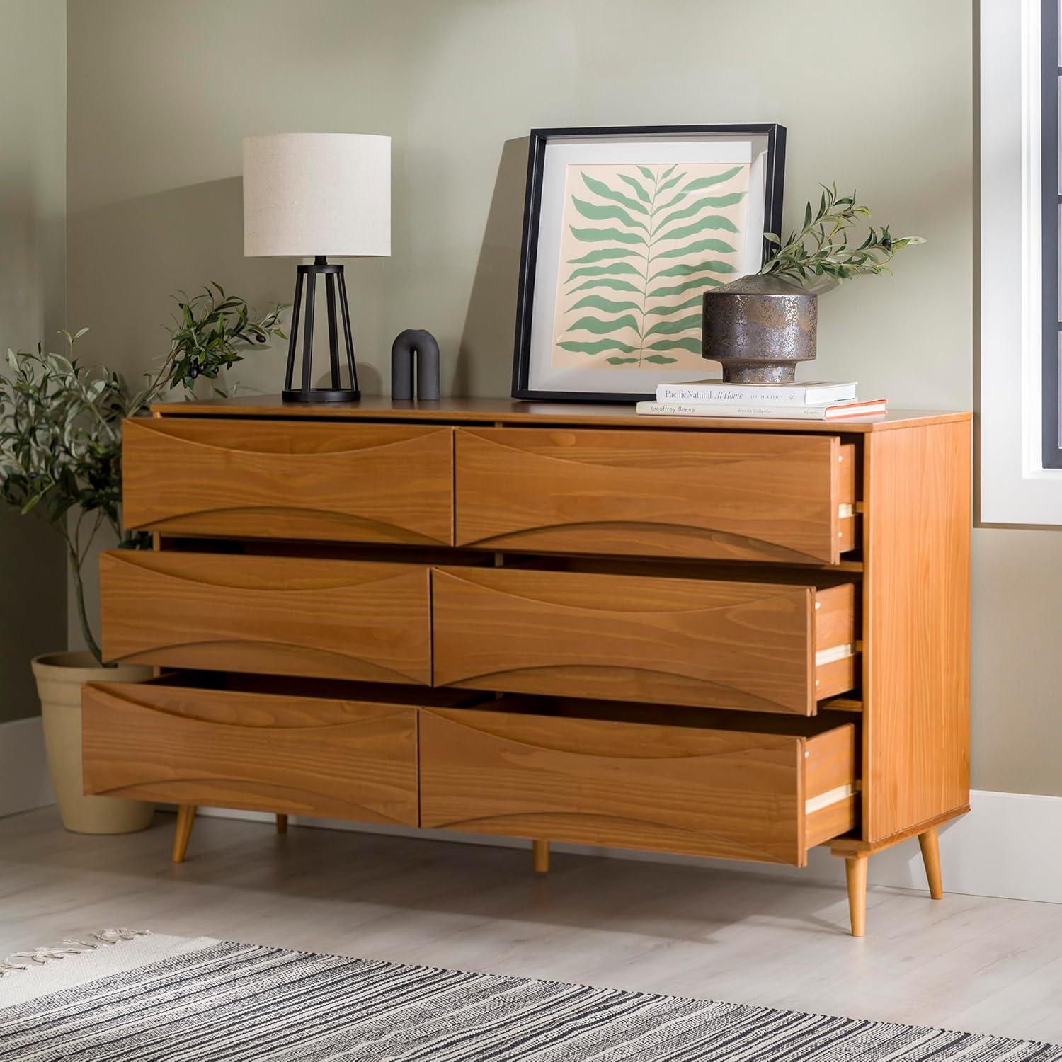 Walker Edison 58” Mid-Century Modern Curved Front 6-Drawer Dresser, Caramel
