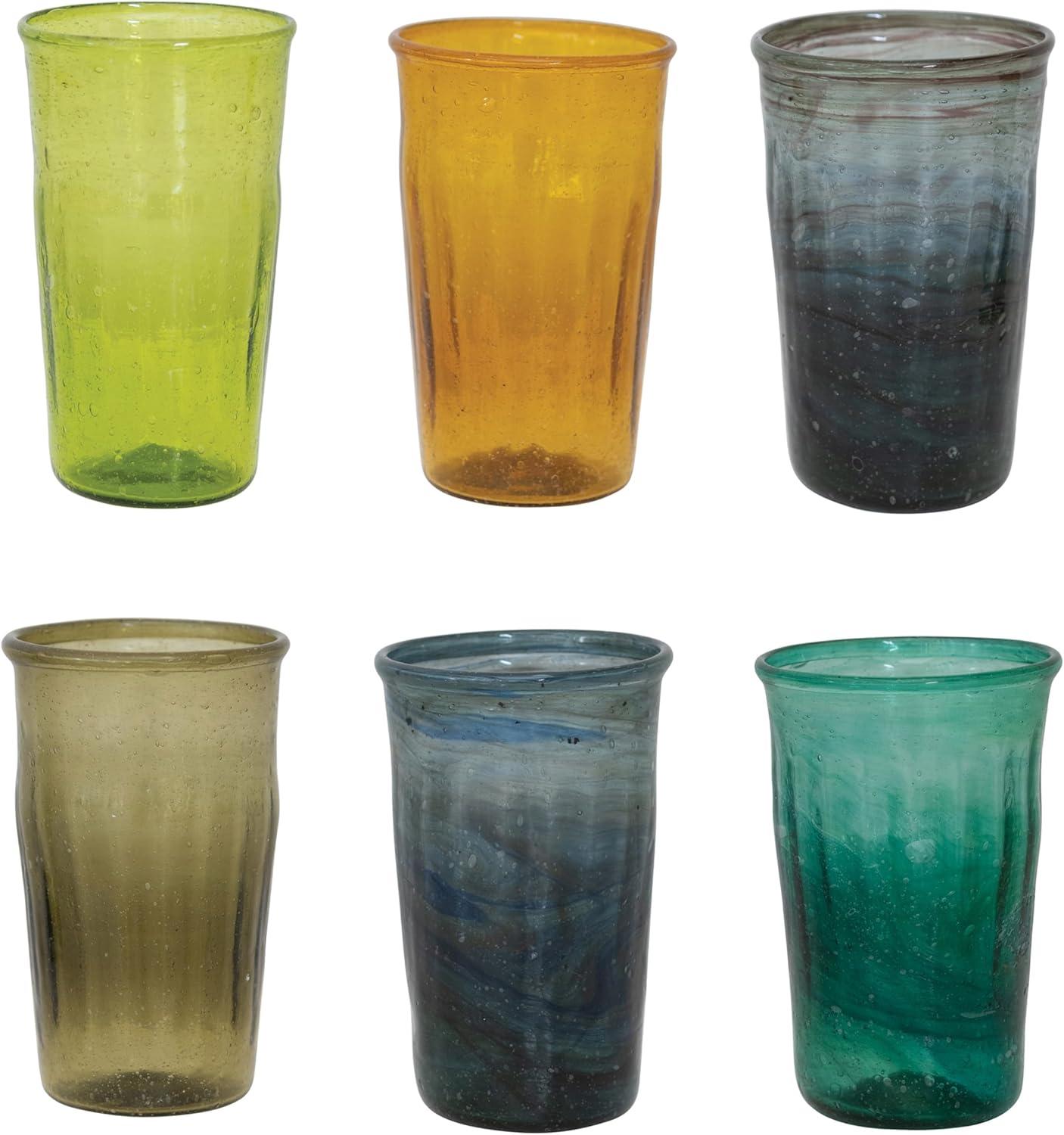 Hand Blown Multicolor Glass Drinking Set with Embossed Design